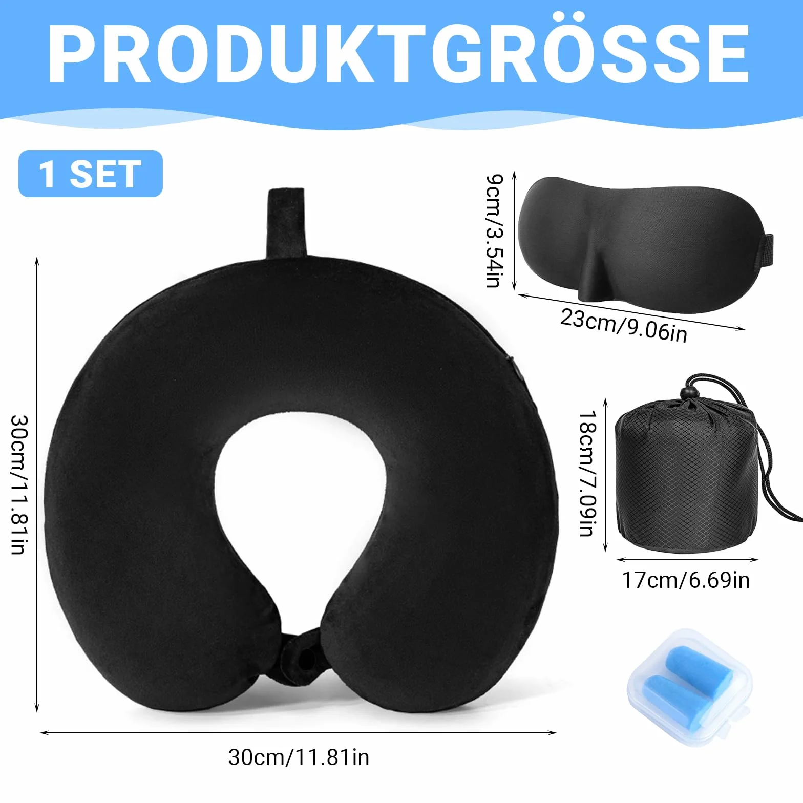 Poduszka pod kark do samolotu, poduszka podróżna z pianką Memory Foam, poduszka 30 cm pod kark na podróż z maską do spania, zatyczkami do uszu i torbą na podróż, do samolotu, biura, samochodu