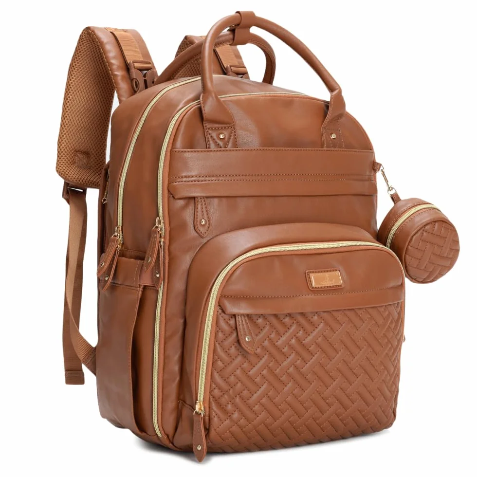 BabbleRoo Leather Diaper Bag Backpack - Baby Essentials Travel Baby Bag, Multi function, Waterproof, with Changing Pad, Stroller Straps & Pacifier Case – Unisex, Natural Brown