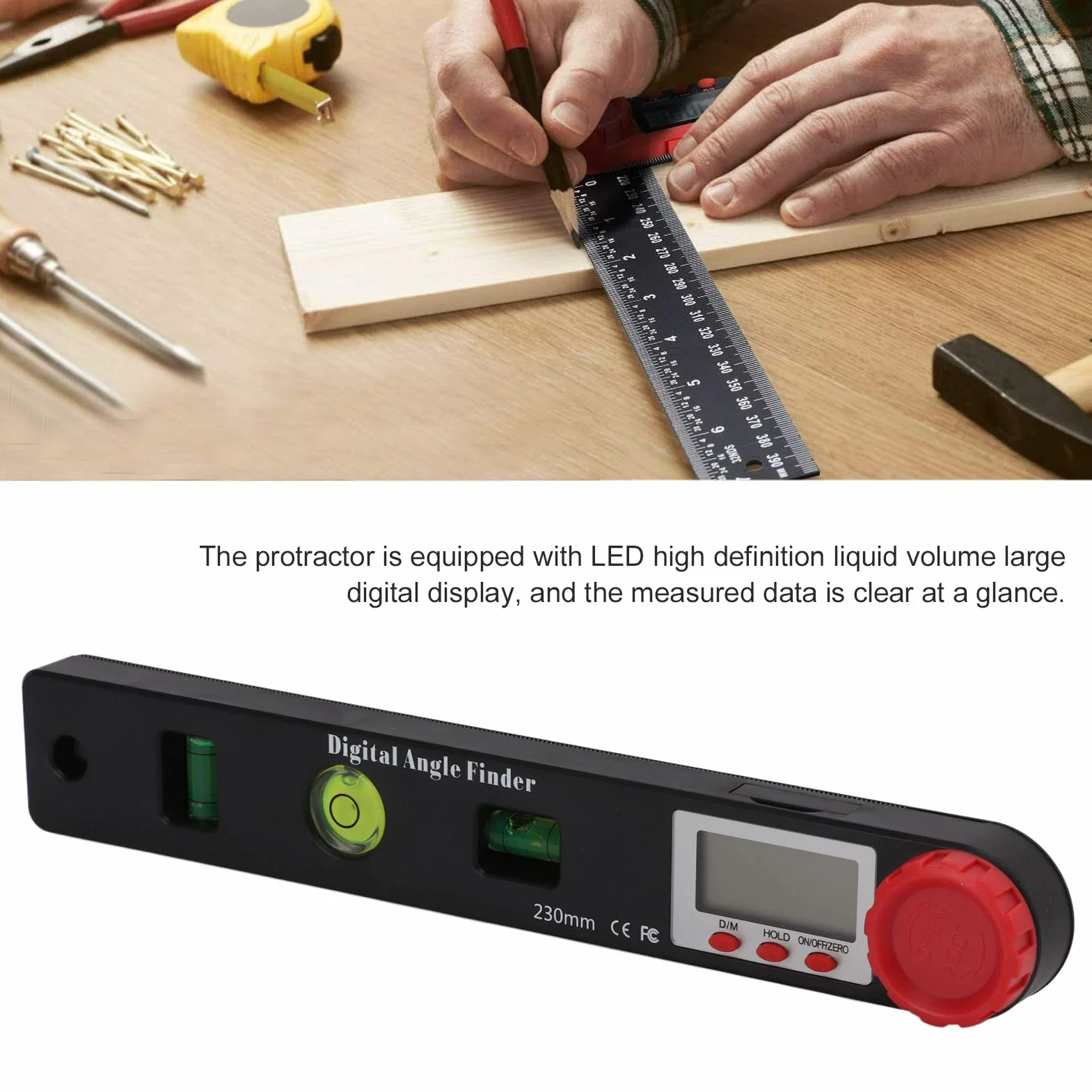 Finans Digital Angle Finder, Struktura Blokująca 360 Stopni, 4 w 1 Wielofunkcyjny Linijka Kątowa z LED HD, Kątownik Cyfrowy Wyszukiwarka Kąta dla Domu na Zewnątrz, Poziom
