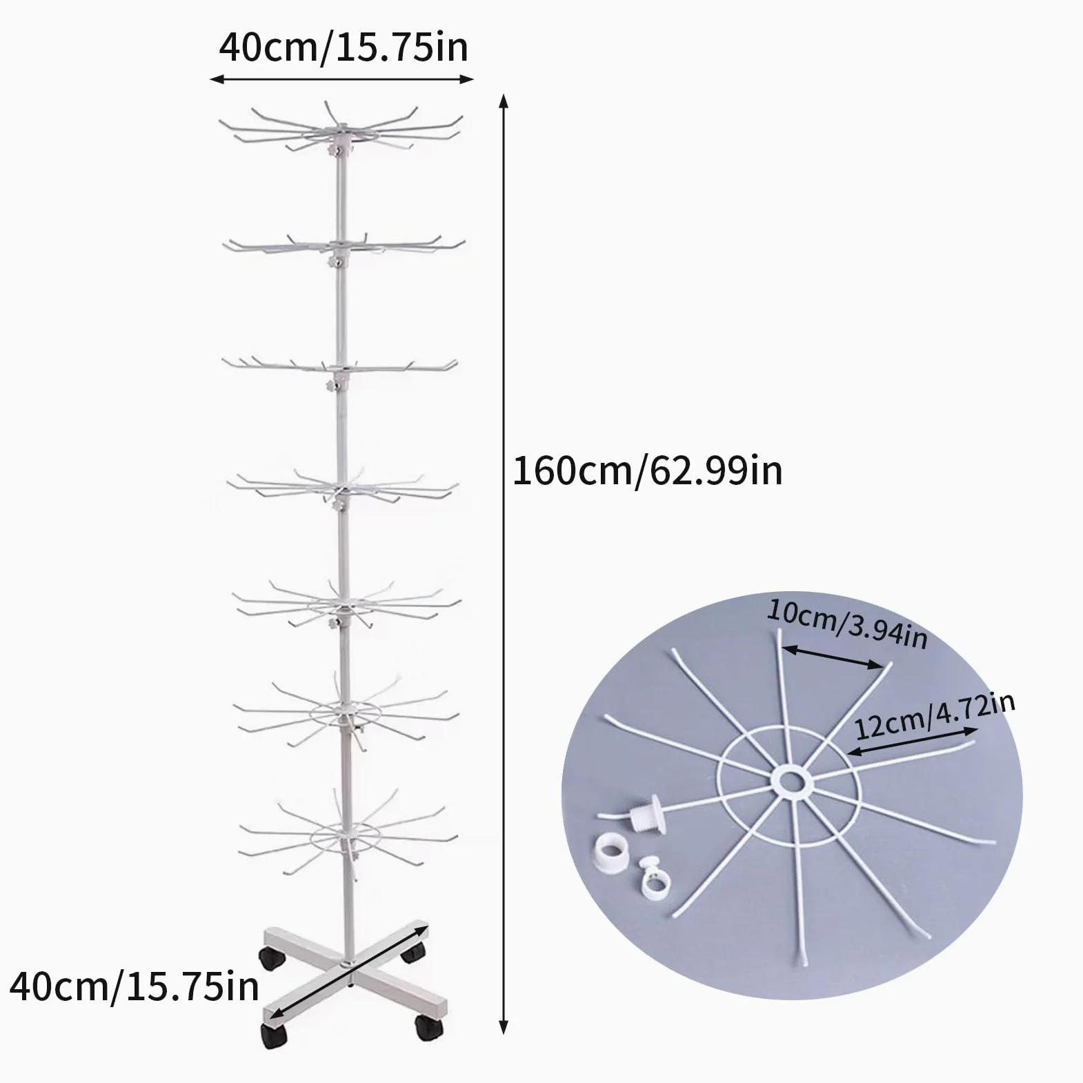 Stojak sprzedażowy, obrotowy, 7-stopniowy, Ø 40 cm, wys. 160 cm, stojak na ekspozycję z haczykiem, stojak na biżuterię, stojak na haczyki, na łańcuszek, szale, skarpety, pocztówki (biały)