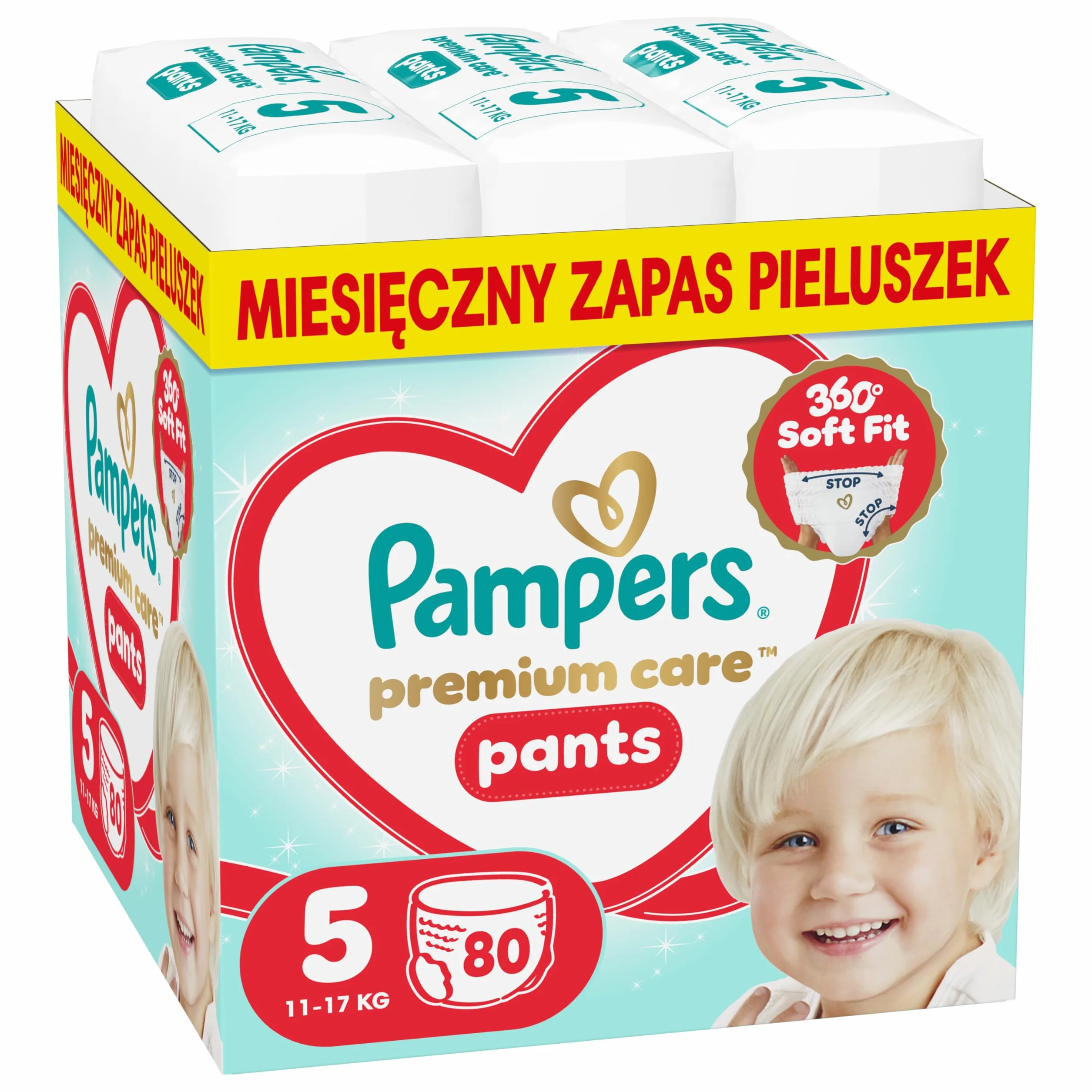Pampers Premium Care Pieluchomajtki Rozmiar 5, 80 szt., 11kg-17kg, pełne dopasowanie 360° i miękkie osłonki wokół nogawek zapewniają największy komfort i najlepszą ochronę