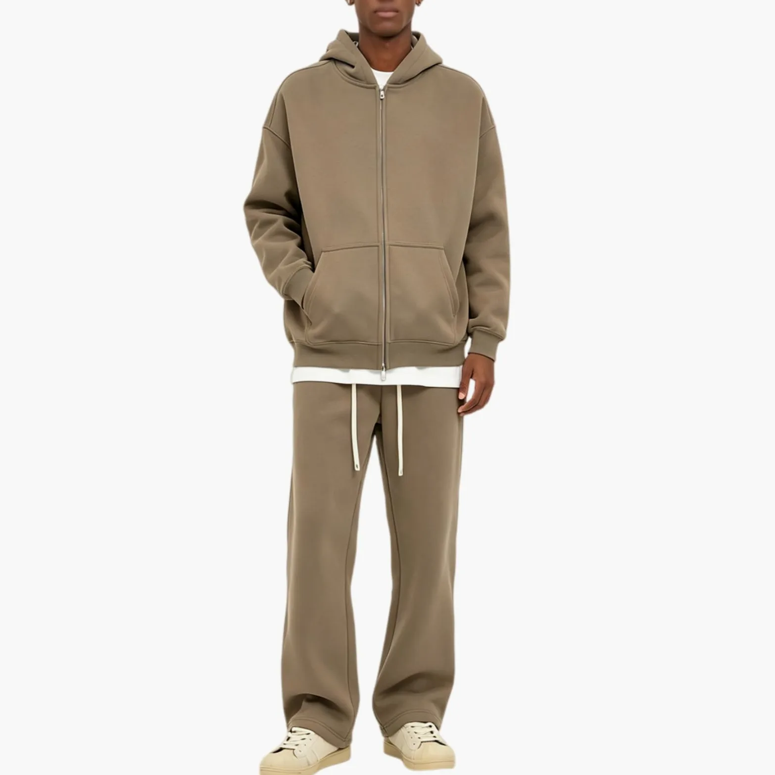 Dres, kurtka dresowa, bluza z kapturem, z zamkiem błyskawicznym, spodnie do joggingu zimowego, Khaki, XL | Kurtka polarowa unisex z zamkiem błyskawicznym i spodniami do biegania, ciepła i wygodna do codziennego użytku