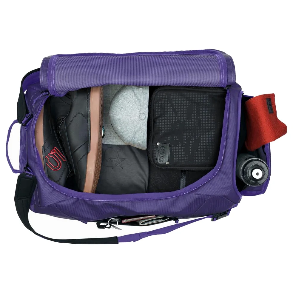 EVOC DUFFLE BAG 60 Wodoodporna torba podróżna i na sprzęt (torba podróżna z odpinanym paskiem do noszenia, uniwersalnym zastosowaniem i zamkiem, bez PVC, rozmiar M), fioletowo-czarna