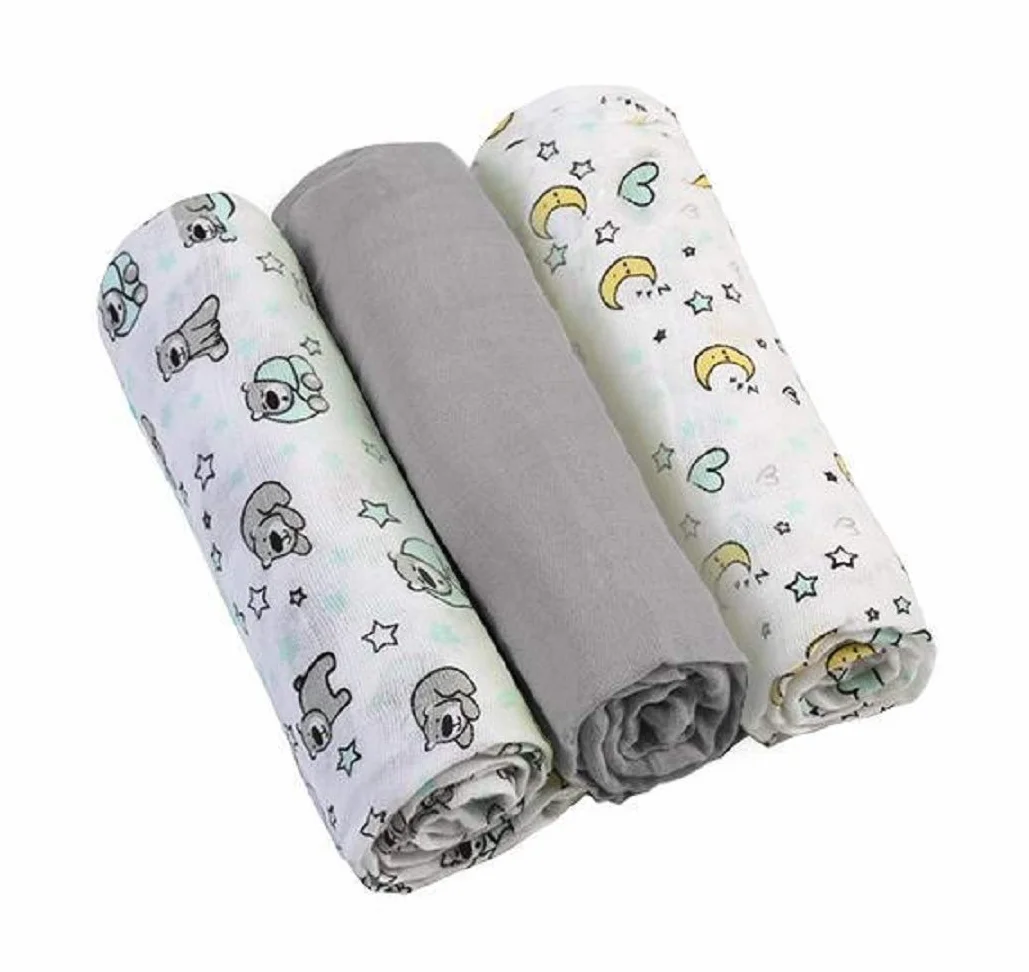 Babyono Pieluchy muślinowe, bardzo miękki muślin, pieluchy 70 x 70 cm (3 sztuki), ściereczki do sprania, szare (szary/niedźwiedź księżycowy)