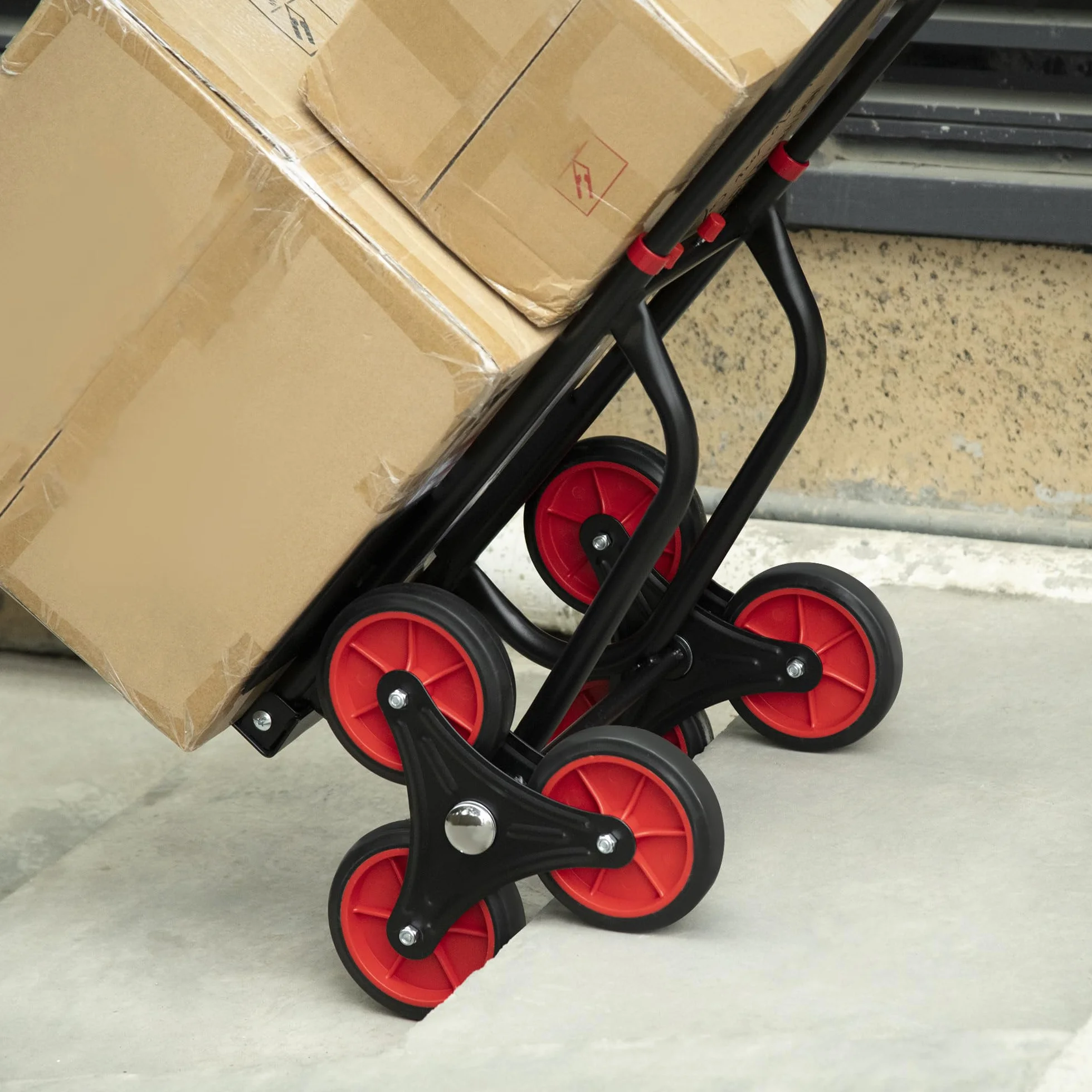 HOMCOM Wózek schodowy 6 kół, rozkładany, składany wózek transportowy 120 kg, wózek składany, stalowy, czarny czerwony