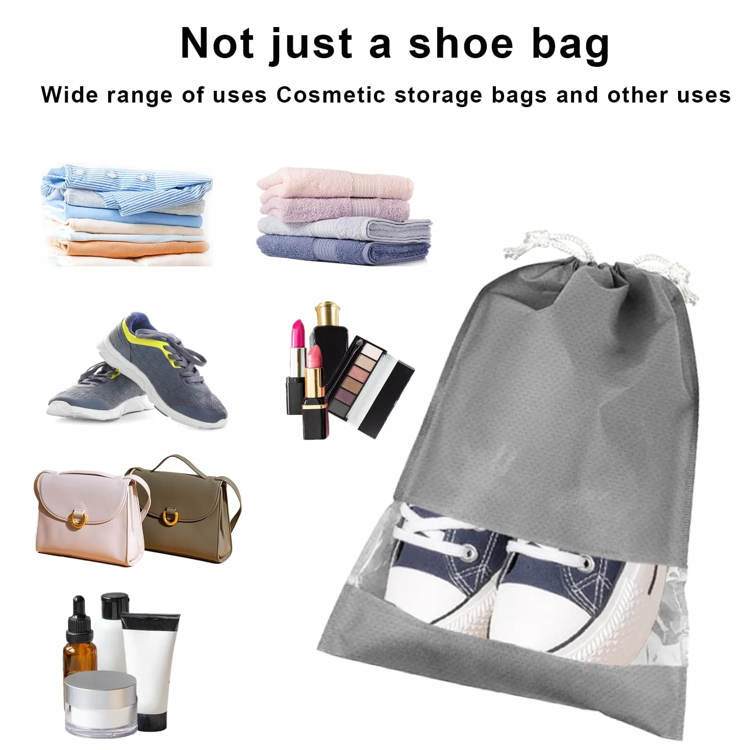 Lovesmile Torba na buty, 10 sztuk, włóknina, zapięcie na sznurek, szare, 2 różne rozmiary, pyłoszczelne, wodoodporne, lekkie, przezroczyste okienko, 10 szt, Szary, Czas wolny