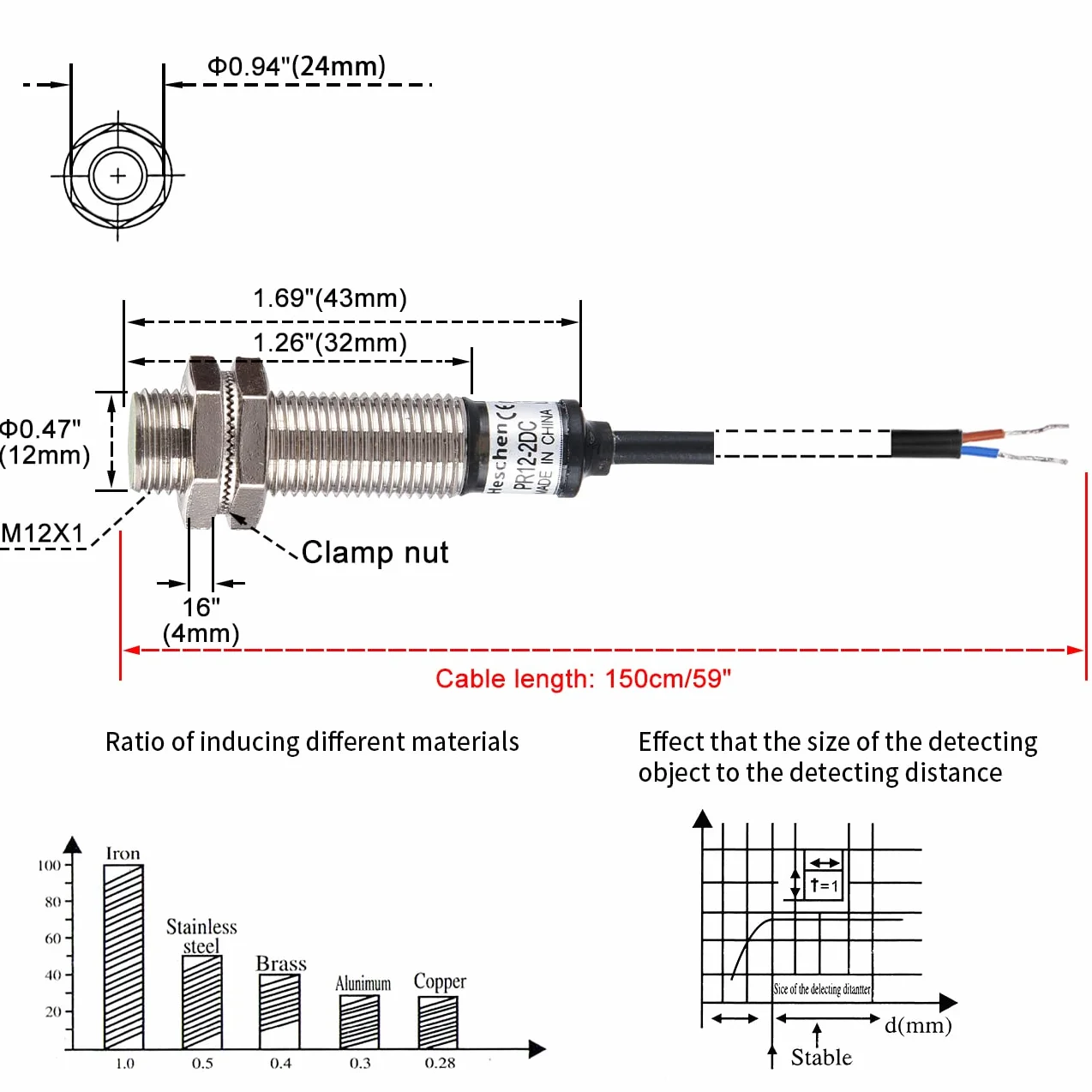 Heschen PR12-2DC, M12, 2 mm, indukcyjny czujnik zbliżeniowy PR12-24 V DC, normalnie zamknięty, CE, czujnik ruchu, mosiądz (niklowany), IP67