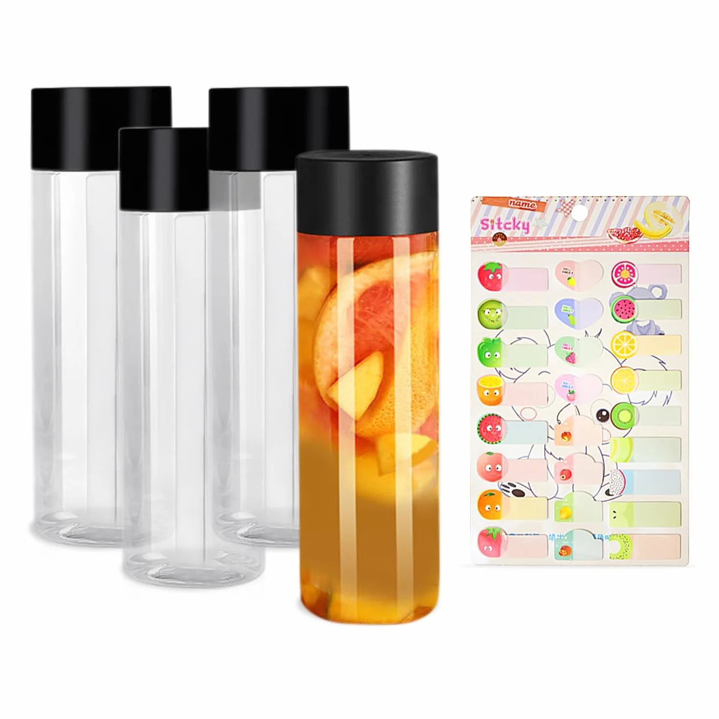 Cztery 400 ml przezroczyste cylindryczne plastikowe butelki na sok, jedna naklejka na owoce, odpowiednia do przechowywania herbaty, soku owocowego i zimnych napojów