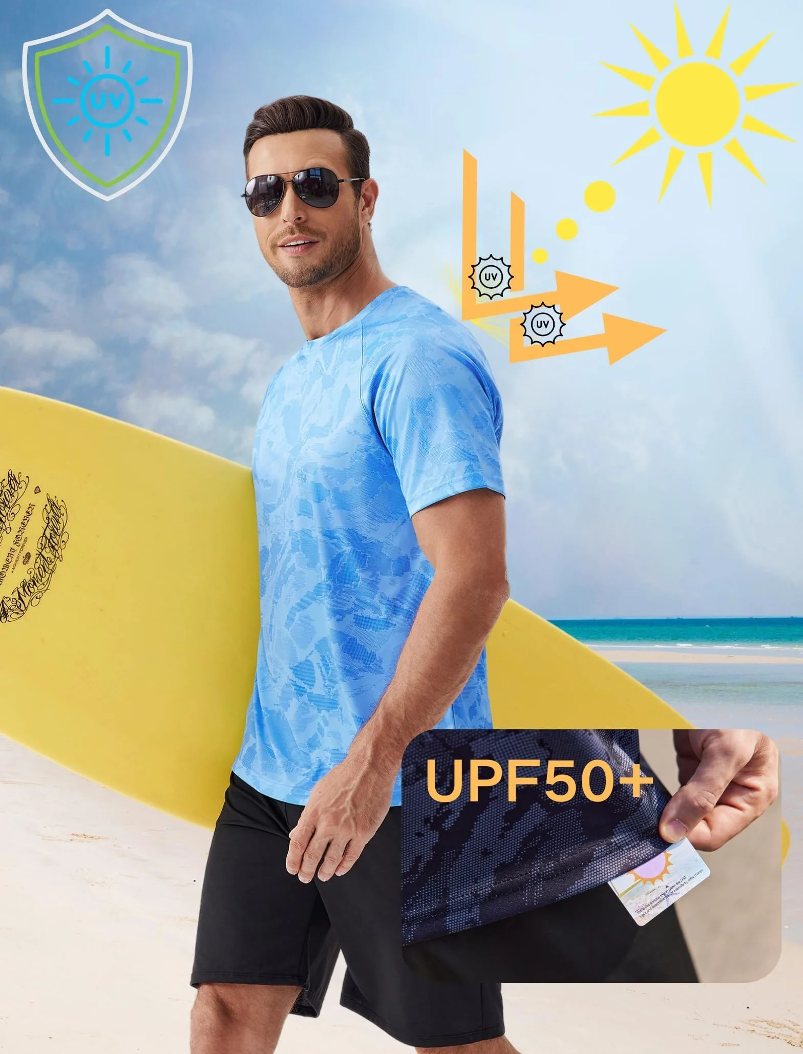 PINSPARK Koszulka męska UV Rashguard UPF 50+ z krótkim rękawem oddychająca do biegania pływania surfingu