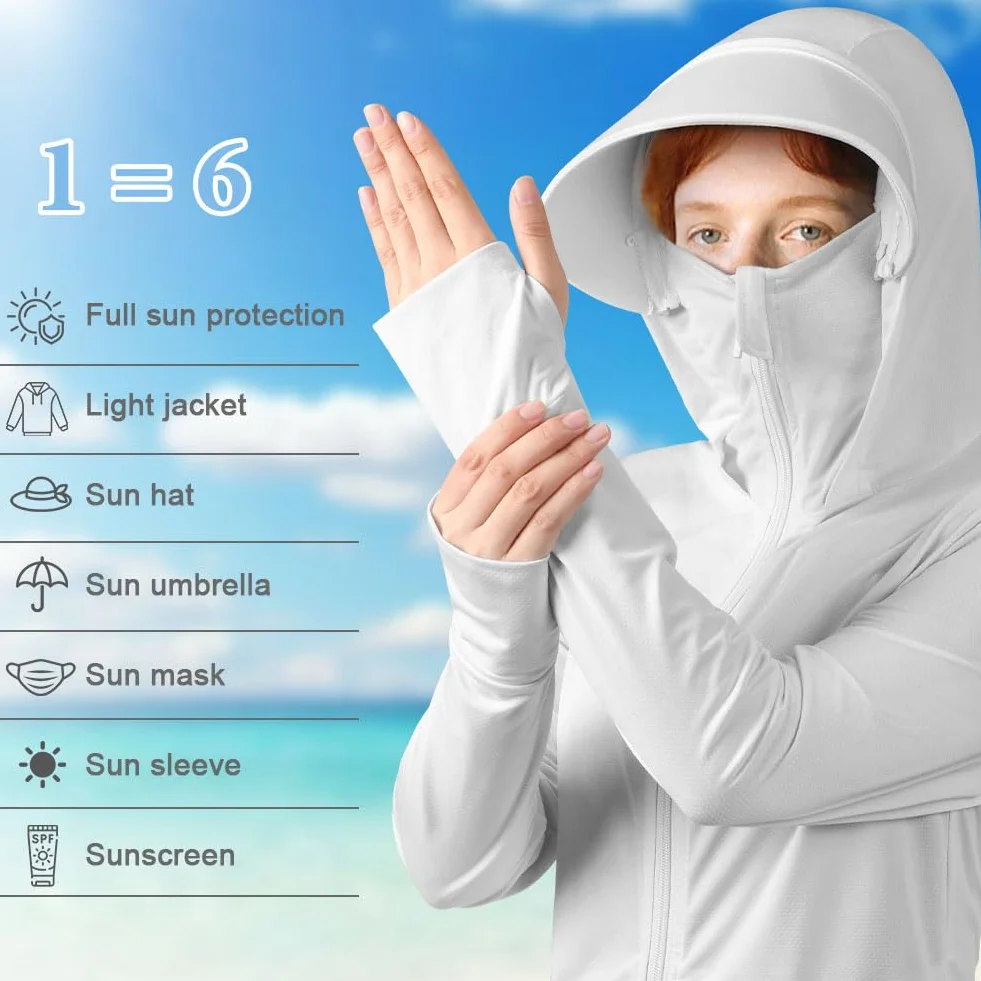 AUYAO Damska bluza z kapturem UV, damska bluza z długim rękawem, lekka bluza z zamkiem błyskawicznym, z kieszeniami, damska letnia kurtka sportowa UPF 50+, outdoorowa bluza anty-UV do fitnessu