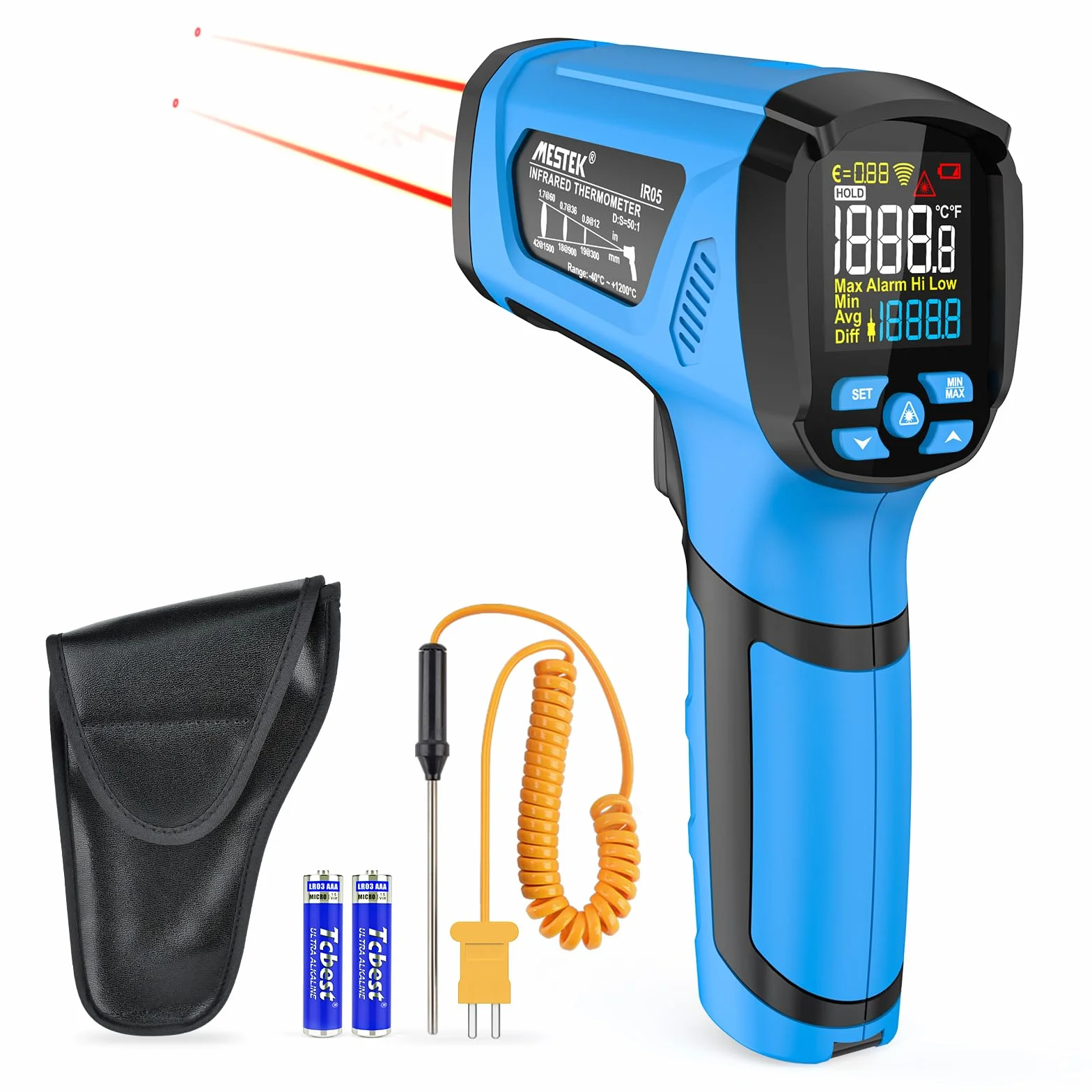 Termometru na Podczerwień Pirometr MESTEK 50:1 Pistolet Temperaturowy, -40℃ do 1600℃ Termometr Laserowy z Kolorowym LCD do Przemysłowego Wytopu Metali Kucia HVAC,Regulowana Emisyjność
