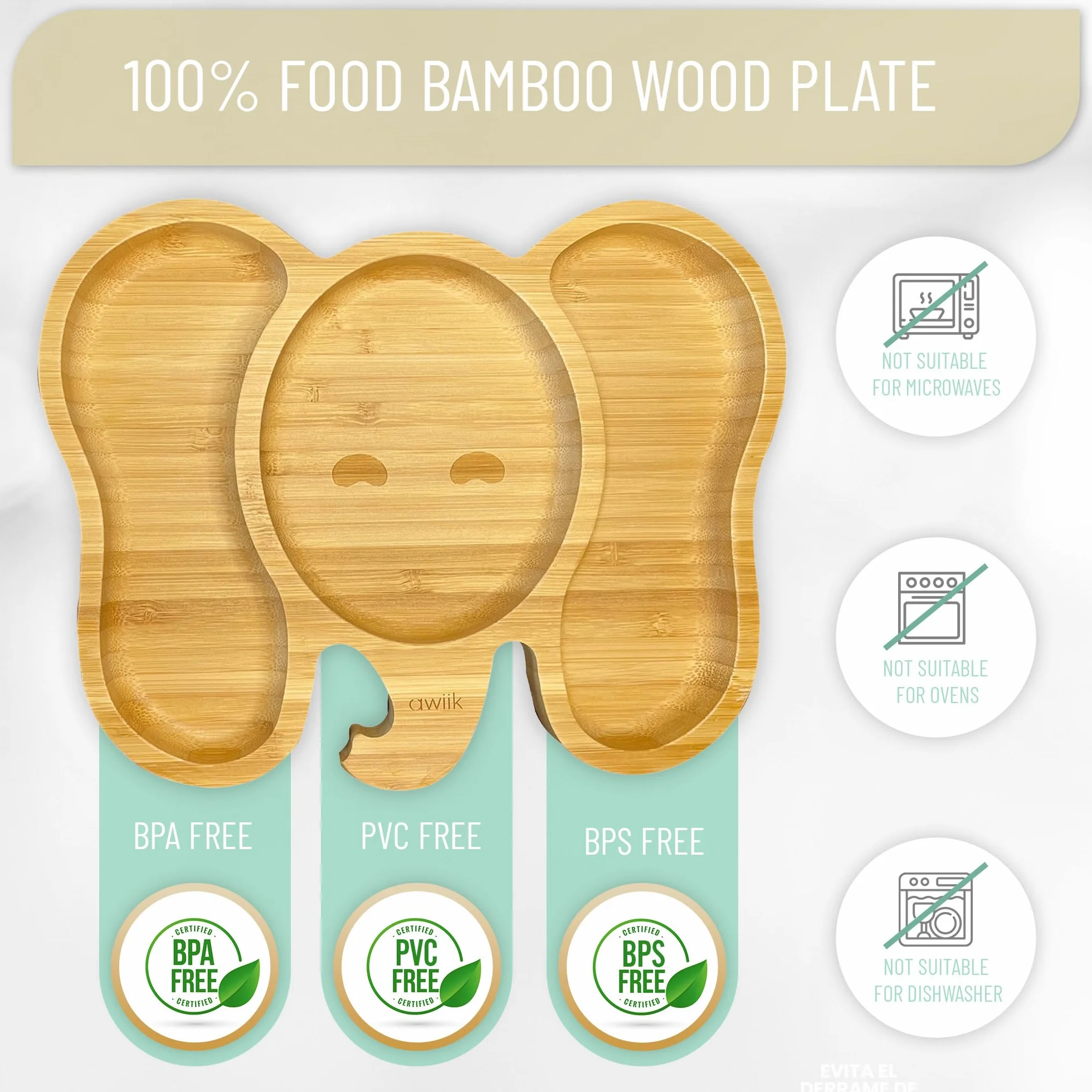 Bamboo talerz z mocną przyssawką dla niemowląt i małych dzieci antypoślizgowy bambusowy talerz BLW z przyssawką Anty-przewrócony talerz dla dzieci do nauki jedzenia BLW (Elephant)