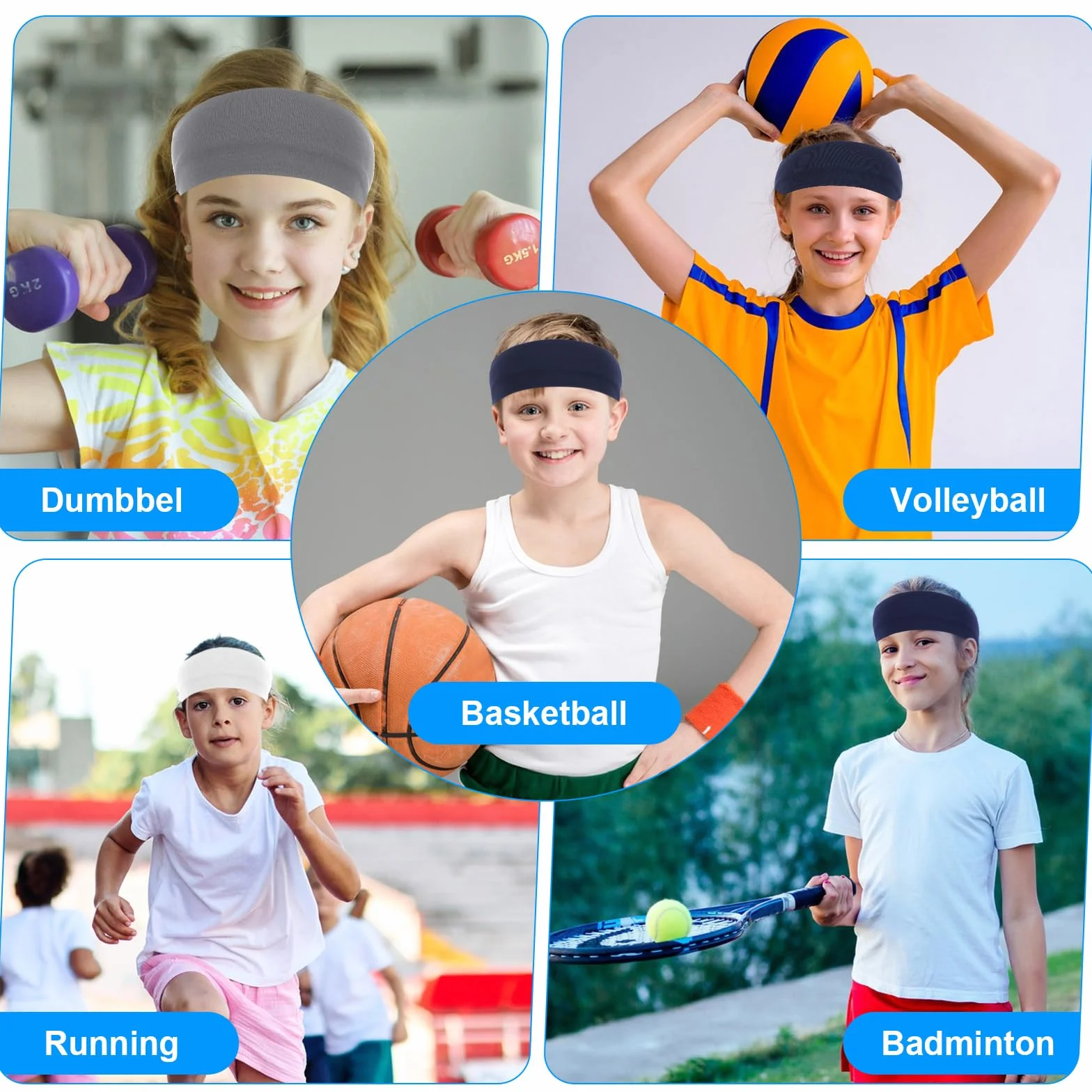 4 sztuki sportowych opasek na czoło dla młodzieży, miękka sportowa opaska na czoło dla dzieci, elastyczna opaska na czoło dla dziewcząt i chłopców, oddychająca, antypoślizgowa opaska do włosów, do