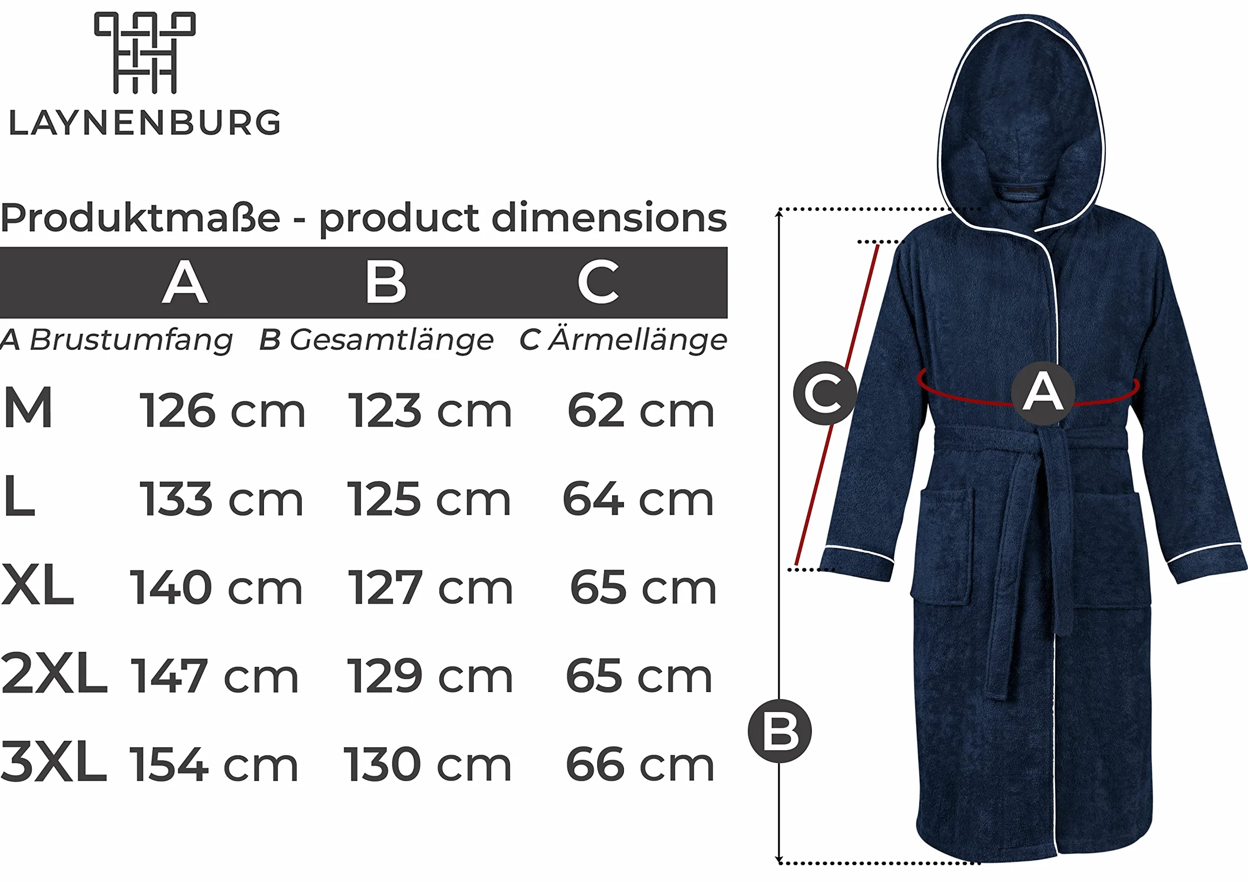 LAYNENBURG Szlafrok męski frotte z kapturem 100% bawełna 380 g/m2 OEKO TEX Standard 100 rozmiar M L XL XXL 3XL