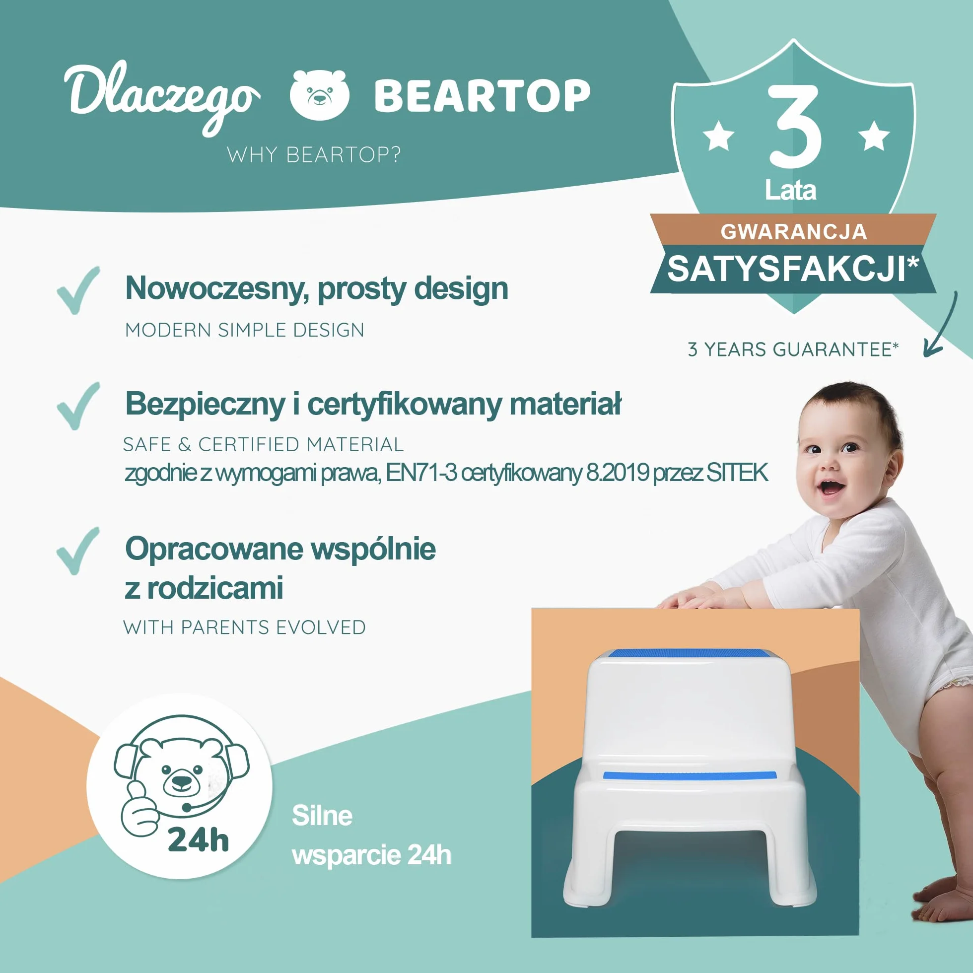 Beartop podnóżek do stawania klasy premium, bardzo stabilny (do 100 kg), z 2 stopniami, powłoka antypoślizgowa, wysokość 26 cm, taboret dla dzieci, schodek dla dzieci, podnóżek dla dzieci, podnóżek