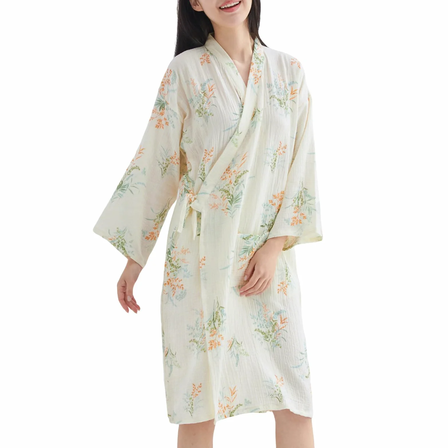 Damskie BawełNiane Szlafroki Gazowe Wygodne z Dekoltem w Serek z DłUgim RęKawem Letnie Lekkie Kimono Szlafroki Do Spa