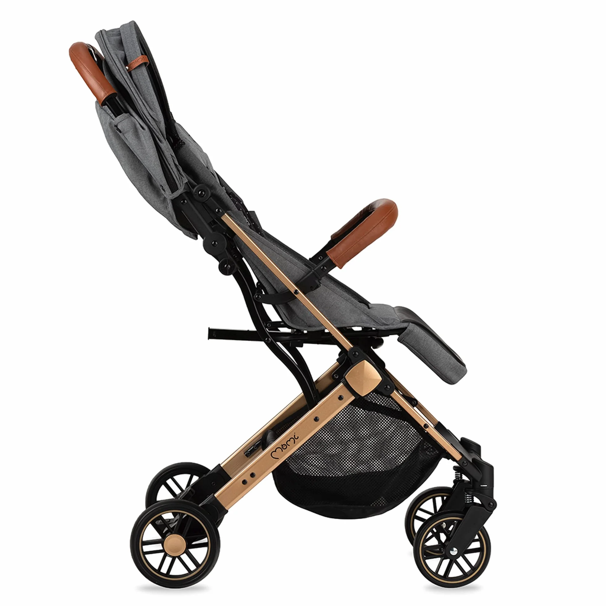 MOMI ESTELLE wózek dziecięcy dla dzieci od 6 miesięcy, do maks. wagi ciała 15 kg, składany do wymiarów 65 x 51 x 21 cm, waga 7,5 kg, 5-punktowy pas bezpieczeństwa, walizka, szaro-złoty