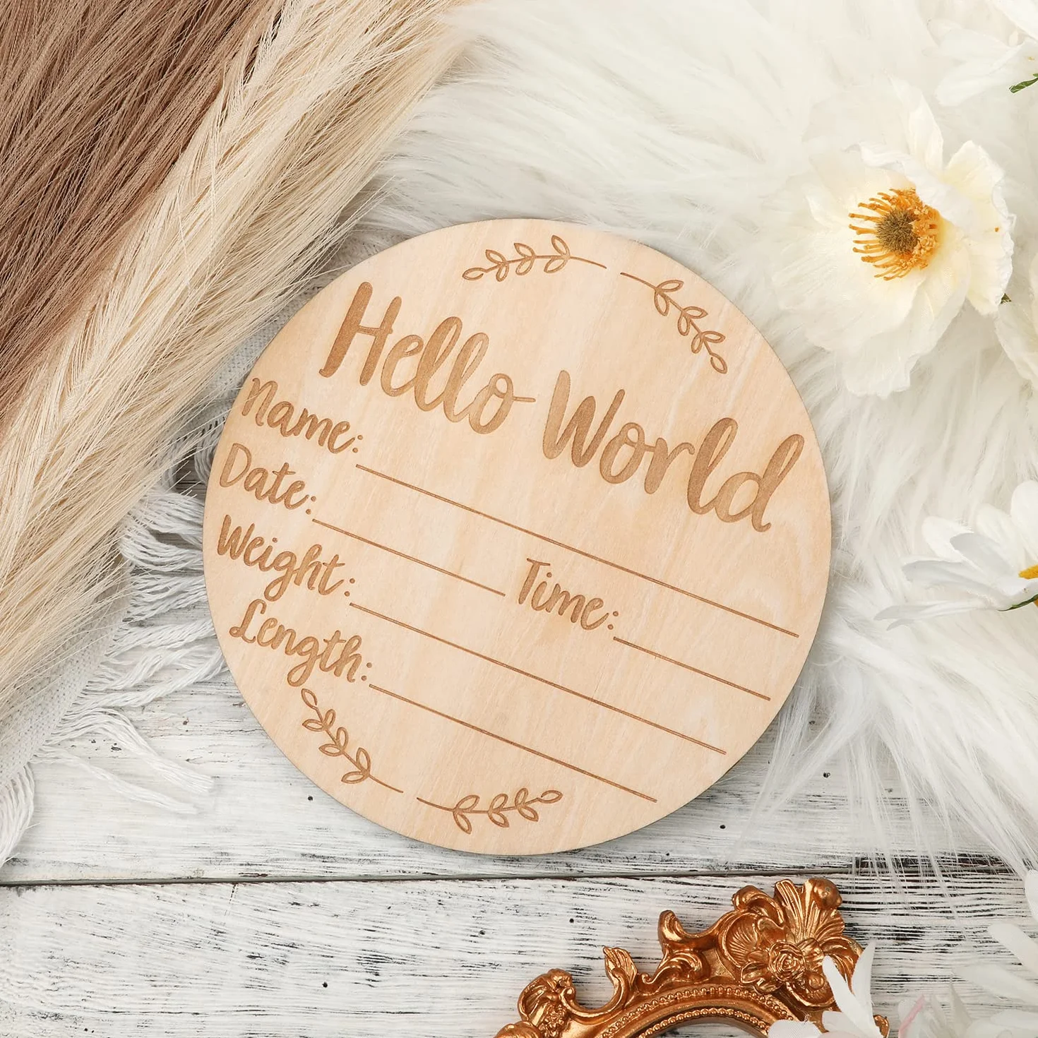 Drewniany Znak Ogloszenia Dziecka, 15cm Baby Announcement Sign Okragly Nowy Znak Dziecka Witaj Swiat Noworodek Znak Powitalny do Szpitala Zdjecie Rekwizytu Baby Shower Nowi Rodzice (Styl 2)