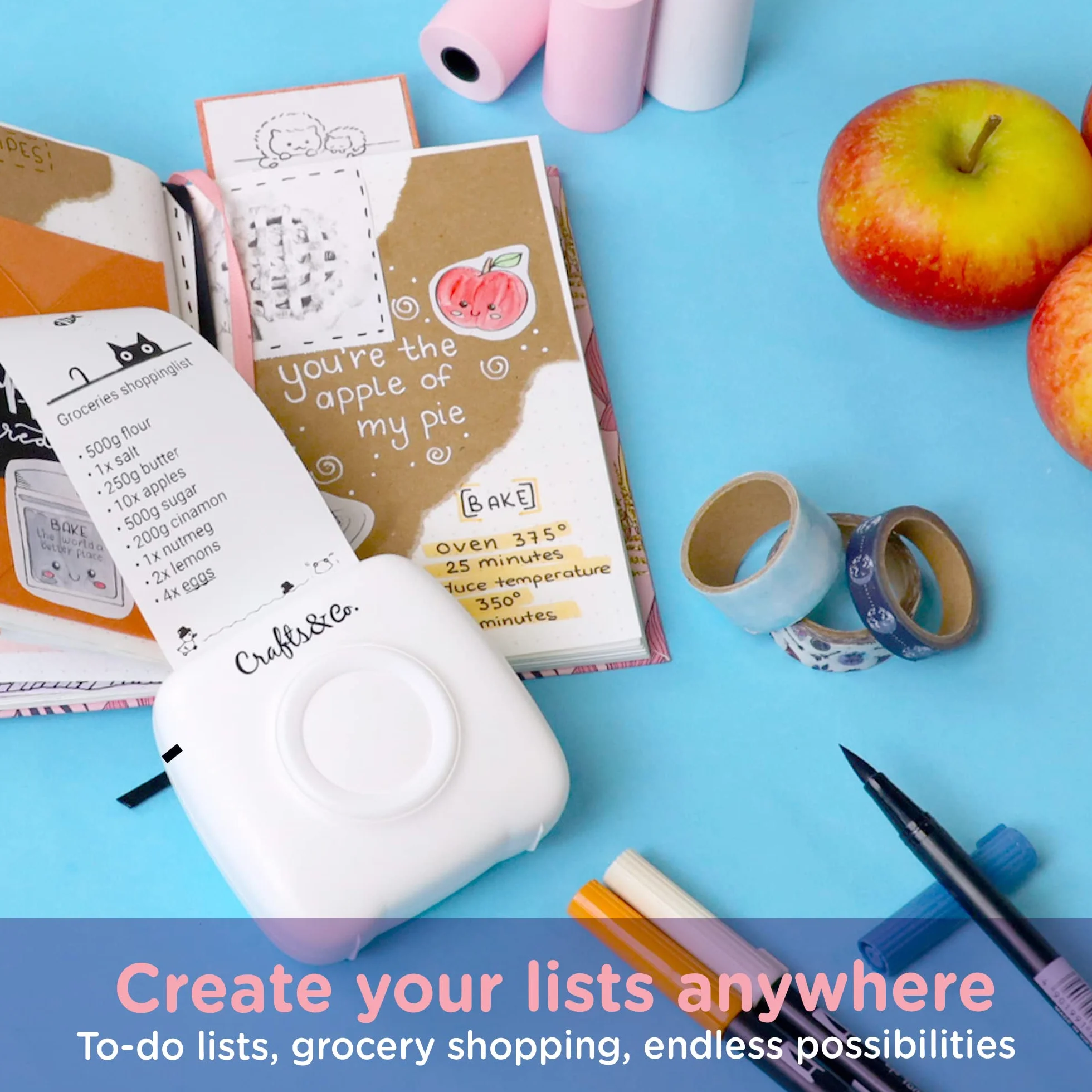 Crafts&Co Przenośna mini drukarka termiczna do smartfonów | Natychmiastowa mini drukarka Bluetooth, drukowanie naklejek, zdjęć, etykiet, zawiera 3 rolki papieru + aplikacja