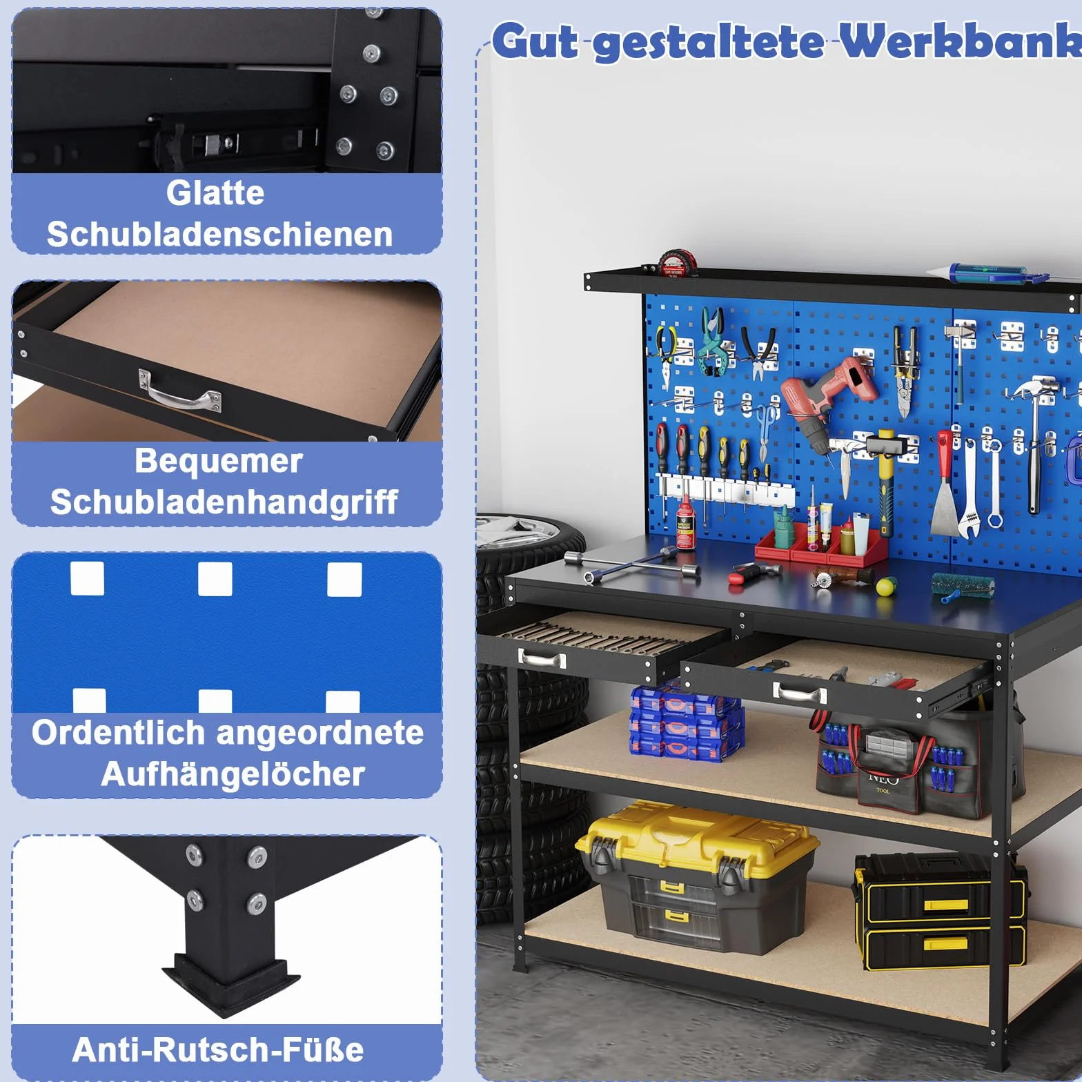 COSTWAY Stół warsztatowy 121 x 61 cm, nośność 230 kg, stół roboczy ze ścianą perforowaną, szufladami i regałami oraz 24 hakami wiszącymi, stół warsztatowy do domu, garażu, warsztatu (niebieski, 121 x