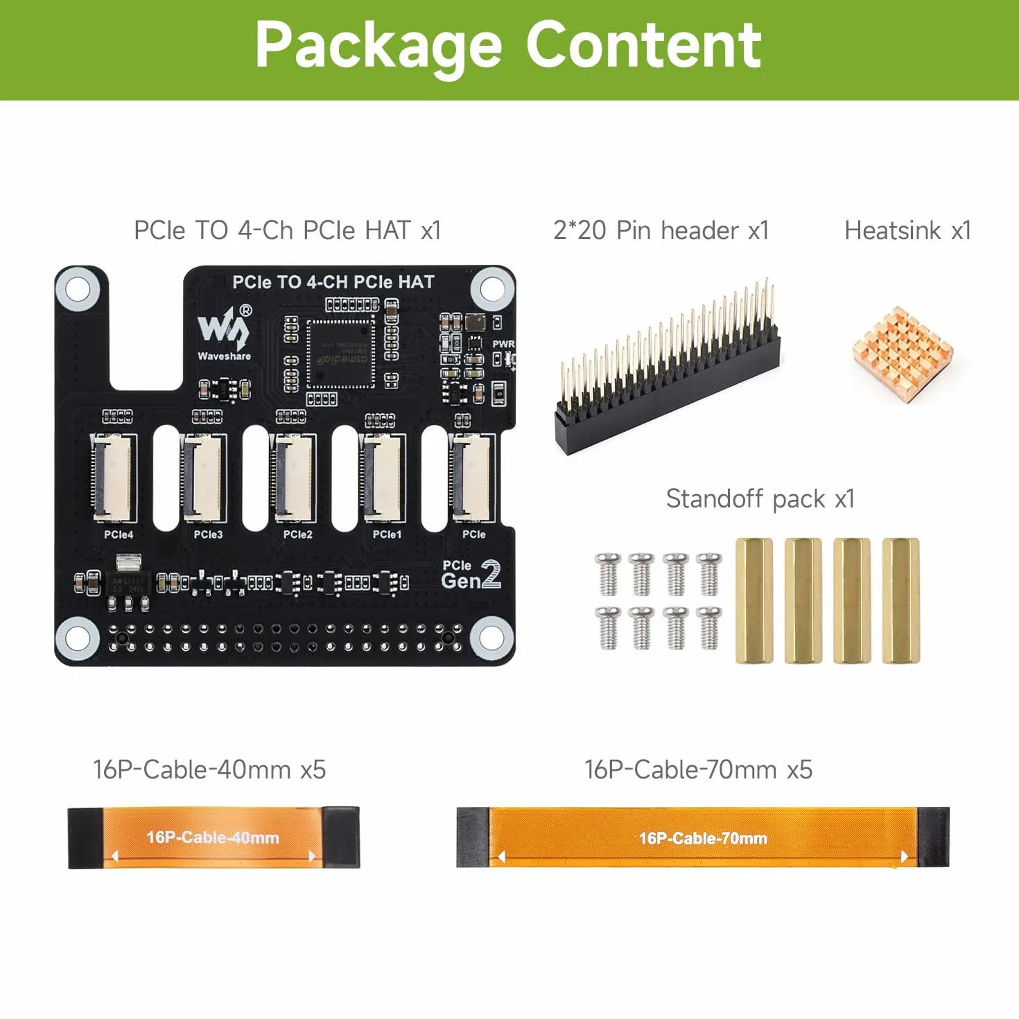 Waveshare 4-Ch PCIe FFC Adapter Board for Raspberry Pi 5, Expands The PCIe Interface Of The Pi 5 To 4-Ch PCIe FFC Connectors, Supports Stacking Multiple PCIe HATs, Raspberry Pi 5 PCIe HAT