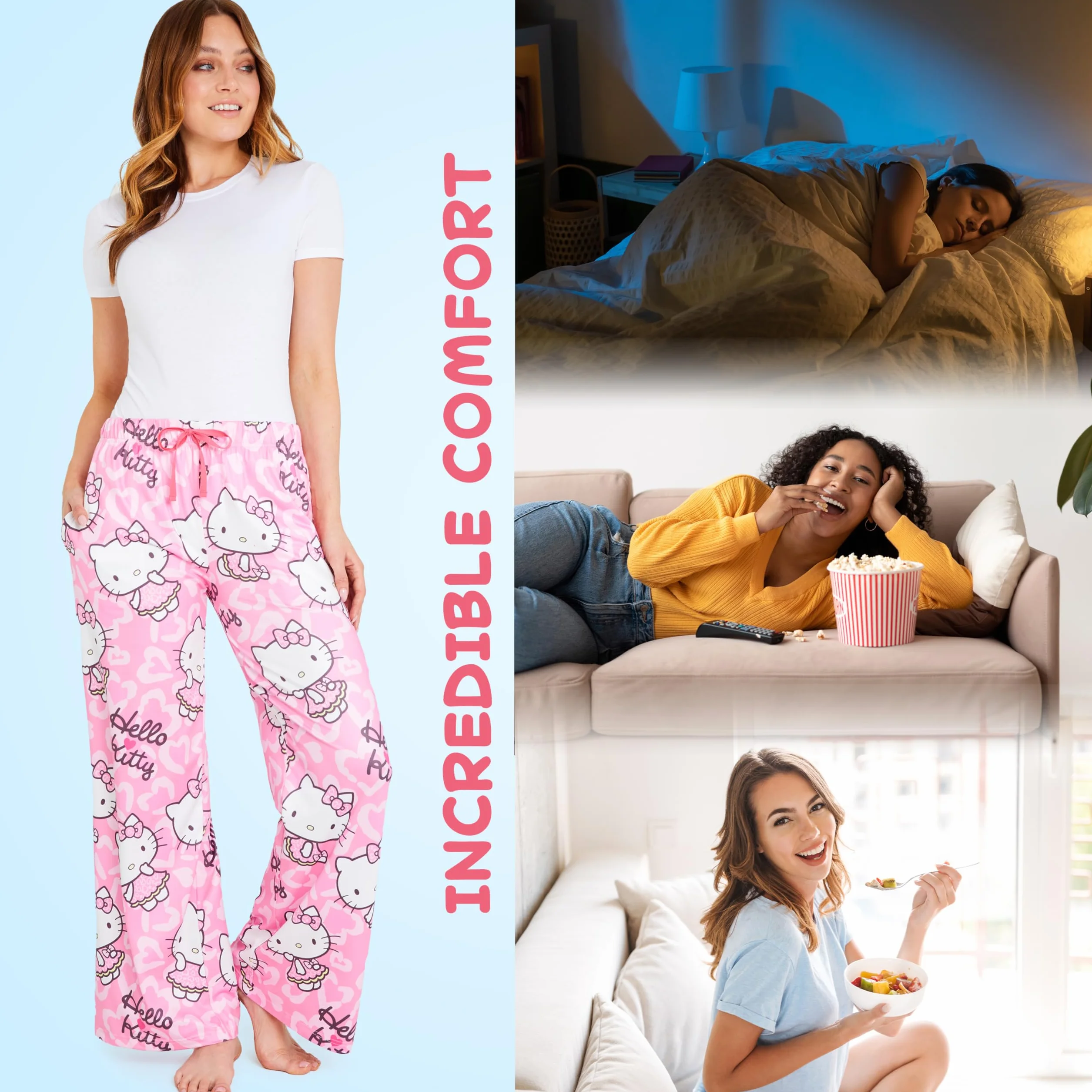 Hello Kitty Damskie spodnie piżamowe, wygodna elastyczna odzież wypoczynkowa, oddychające piżamy - prezenty dla kobiet (rozmiar M, różowy), różowy, M