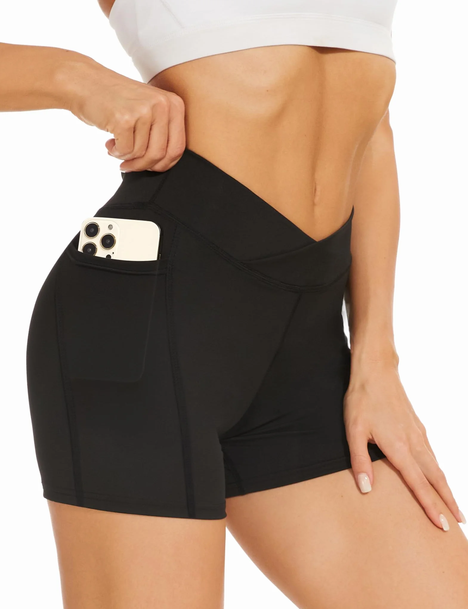 Becellen Damskie spodnie rowerowe z kieszeniami, V Cross High Waist spodnie sportowe, krótkie legginsy, nieprzejrzyste, sportowe, rozciągliwe, wygodne