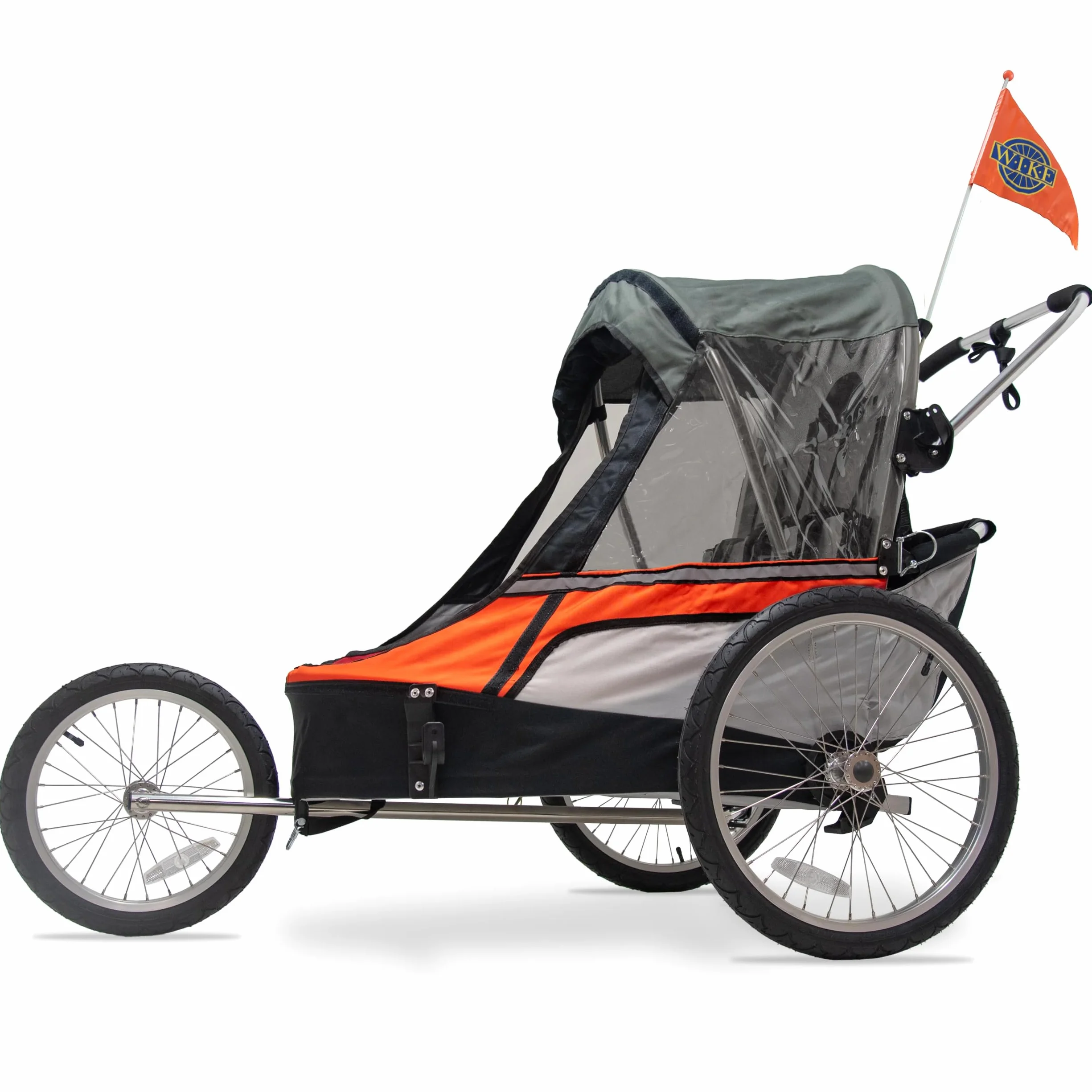 Podwójna przyczepka rowerowa Wike Premium - pomarańczowa/szara (spacerowanie + jogging)