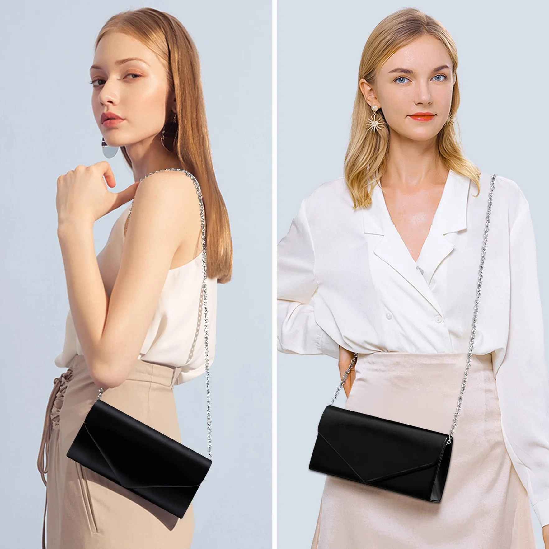 Larcenciel Clutch, elegancka skórzana torebka czarna ze zdejmowanym łańcuszkiem, modna torba skórzana Crossbody, mała torba na ramię, kopertówka, torebka wieczorowa na wesele, imprezę, bankiet, 22 x