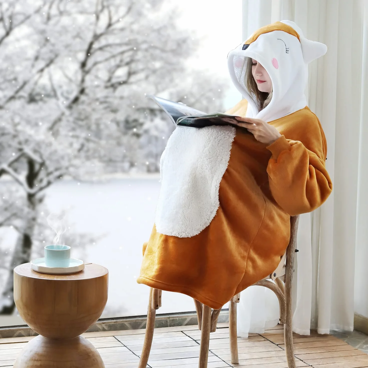 Bluza z kapturem z motywem lisa, ponadwymiarowa bluza Sherpa wygodna bluza dla dorosłych kobiet dziewcząt, ciepły przytulny zwierzęcy koc z kapturem pomarańczowy