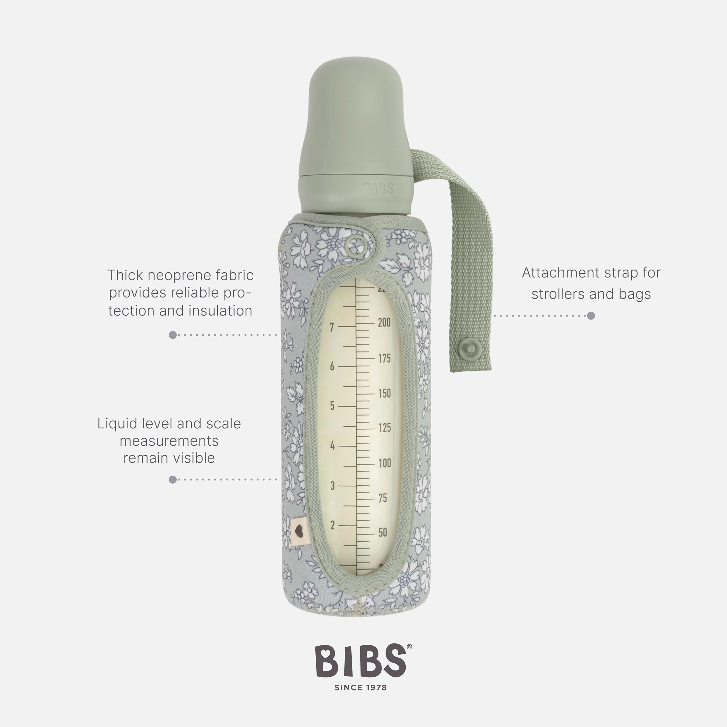 BIBS x LIBERTY Pokrowiec na butelkę dla niemowląt 225ml - Neoprenowa osłona ochronna na butelki BIBS - Wzór Liberty, Large, Capel Sage