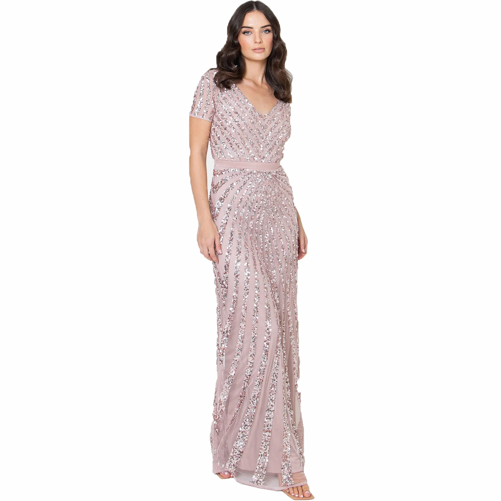 Maya Deluxe Maxi damska damska ozdobiona cekinami sukienka z długim rękawem w serek wysoka imperialna talia wycięty błyszczący bal suknia ślubna damska sukienka druhny, Frosted Pink, 52