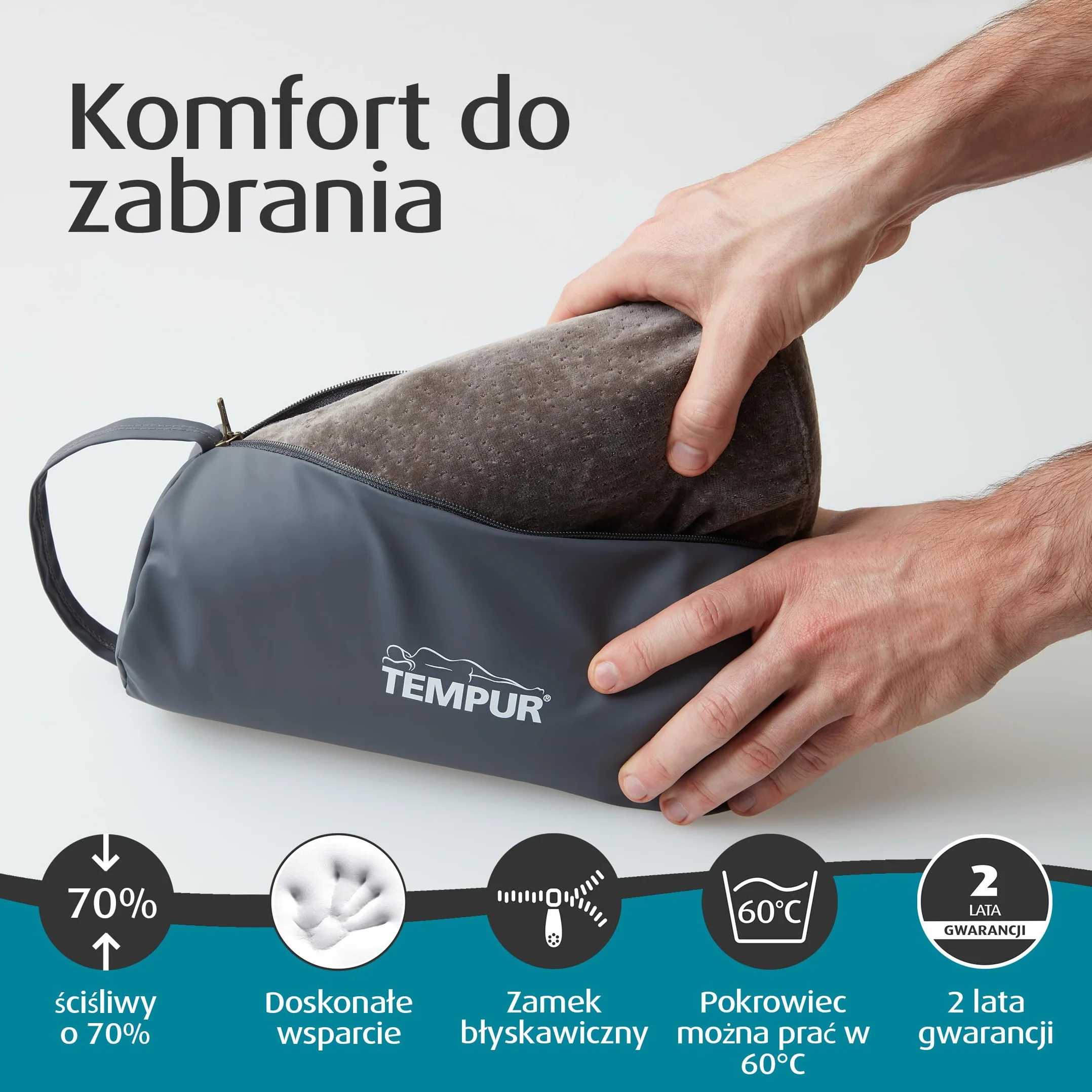 TEMPUR Poduszka podróżna z pianki memory ergonomiczna pod kark z torbą transportową Antracyt 25x31x10/7 cm