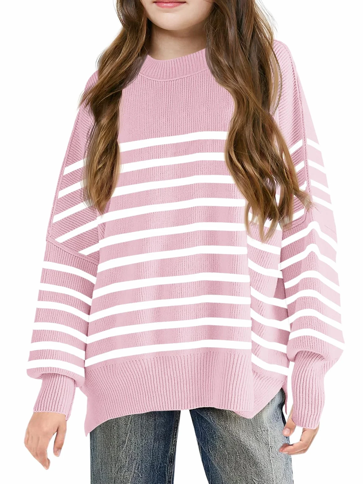 Dziewczęcy sweter w paski oversize z nietoperza na jesień i zimę