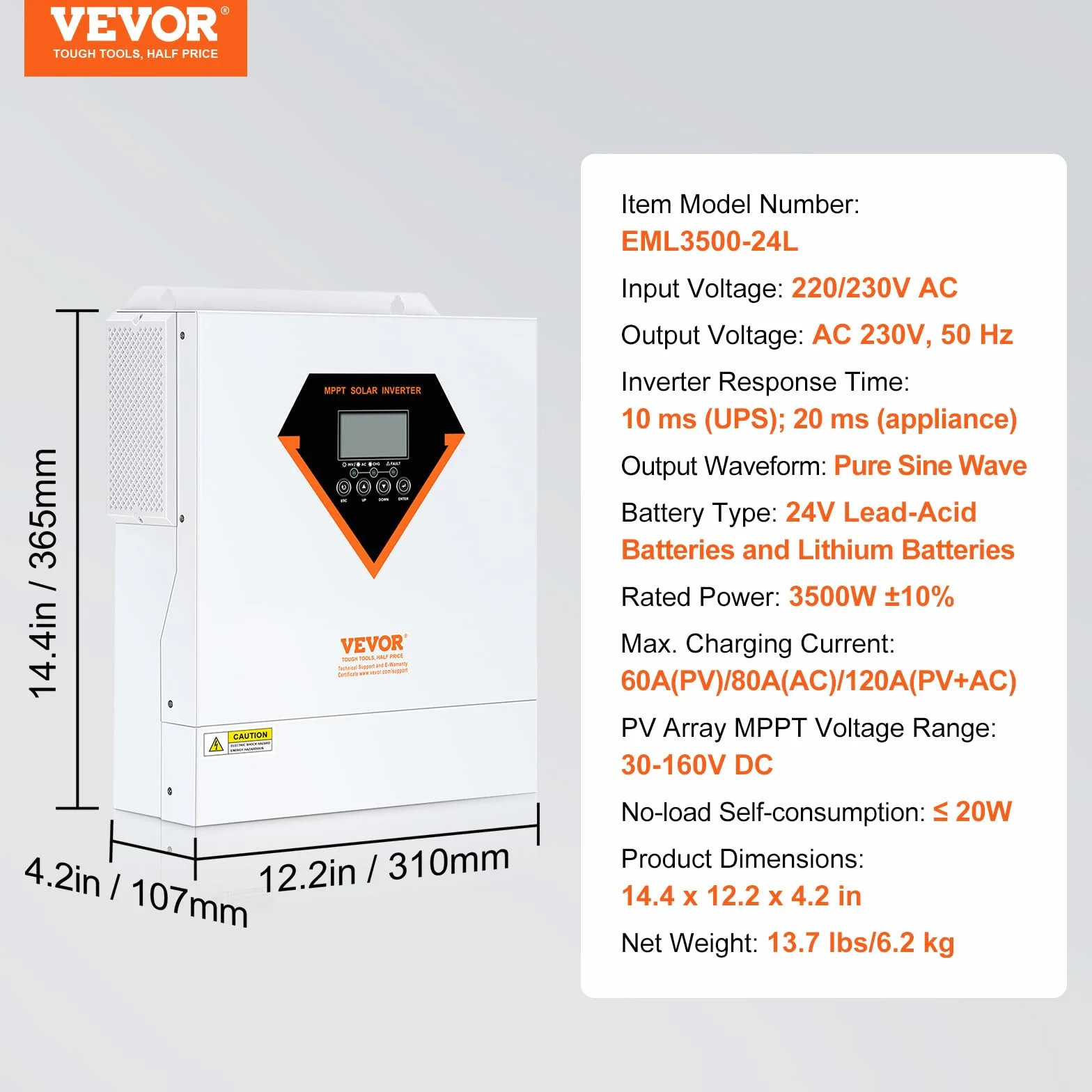 VEVOR Hybrydowy inwerter 3500 W, hybrydowy falownik solarny ładowarka zewnętrzna czysta fala sinusoidalna 230 V AC z wbudowanym kontrolerem ładowania słonecznego MPPT 60 A, ładowanie hybrydowe,