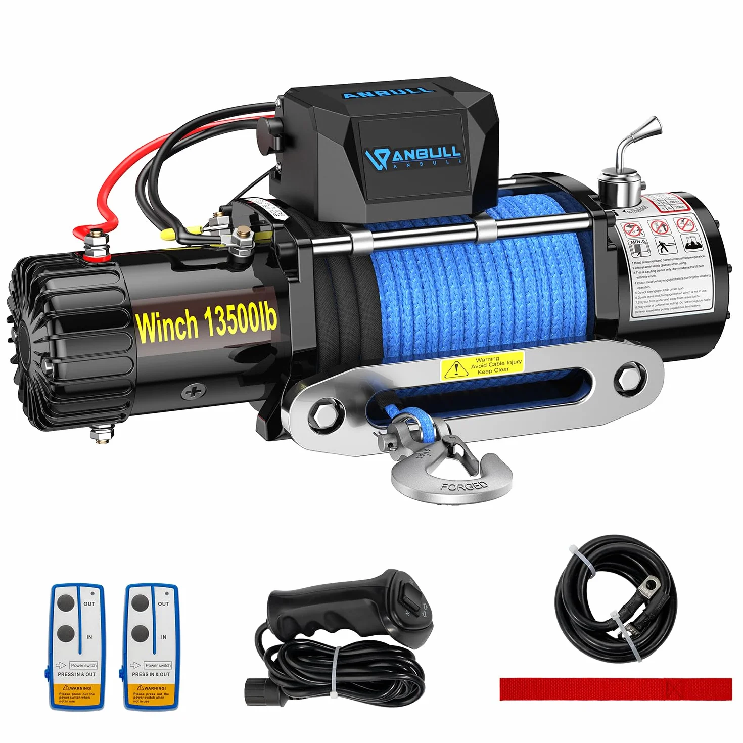 Anbull Wciągarka elektryczna 12 V 13 500 lbs / 6136 kg, 9,5 mm x 26 m, wodoodporny IP67, lina nylonowa, zastosowanie do quadów, SUV, ciężarówek, przyczepy do łodzi, pick-up SUV-a