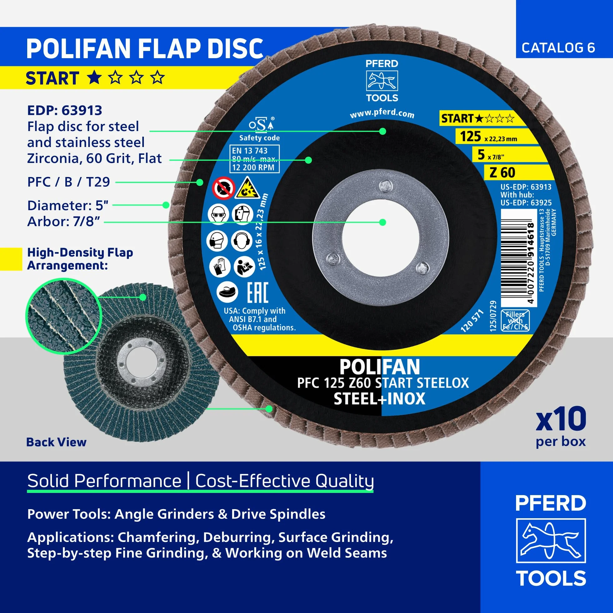 PFERD POLIFAN-Z-BOX – 10 x tarcza wachlarzowa 125 mm, Z60, otwór 22,23 mm, 69300935 – zapewnia wysoką wydajność obróbki i solidną trwałość stali i stali nierdzewnej (INOX)