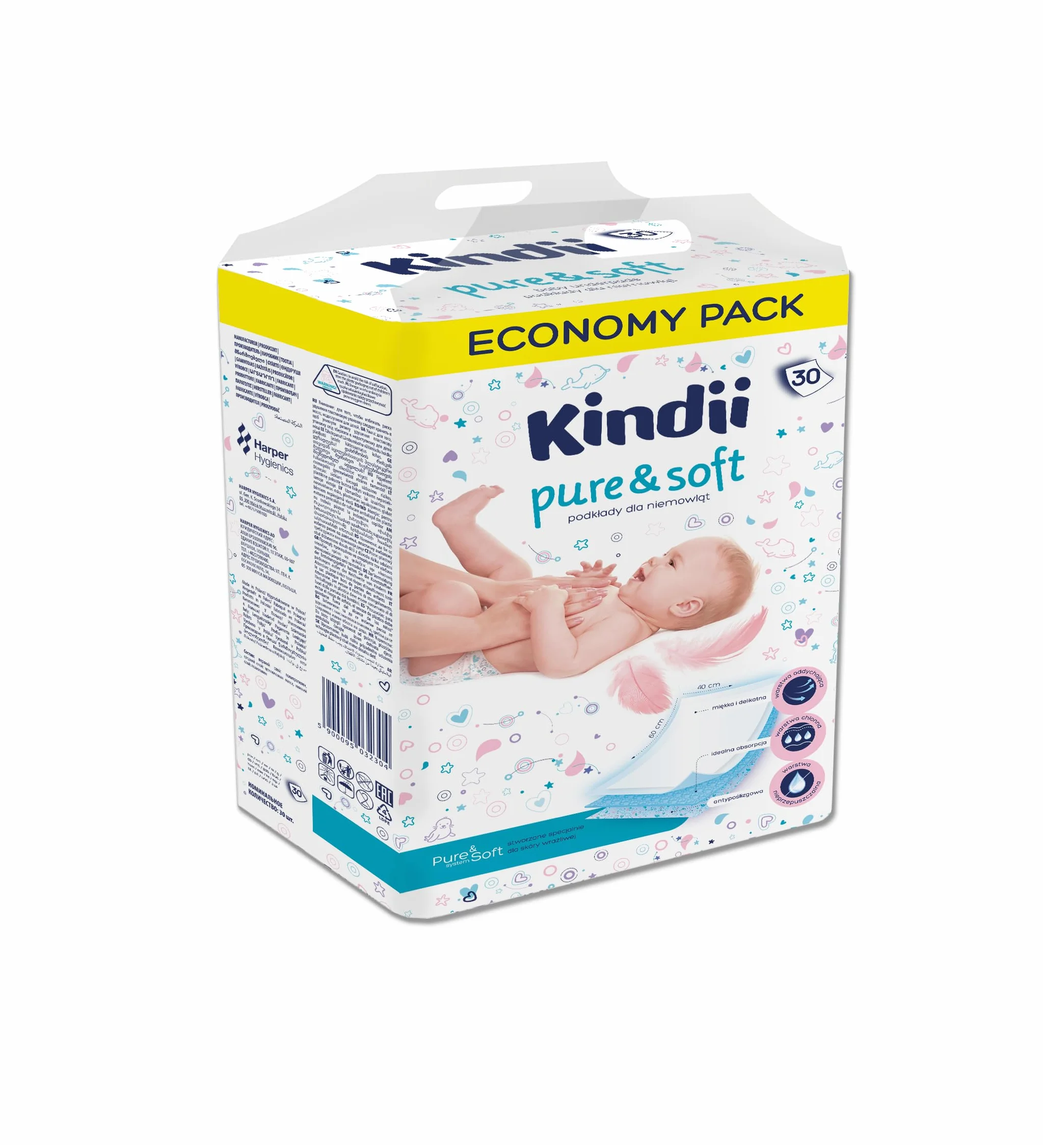Kindii Podkłady jednorazowe dla niemowląt Pure&Soft - Delikatne dla skóry - Skutecznie i szybko wchłaniają wilgoć - Komfort podczas przewijania - Od pierwszych dni życia - podróż - 60x40 cm - 30 szt.