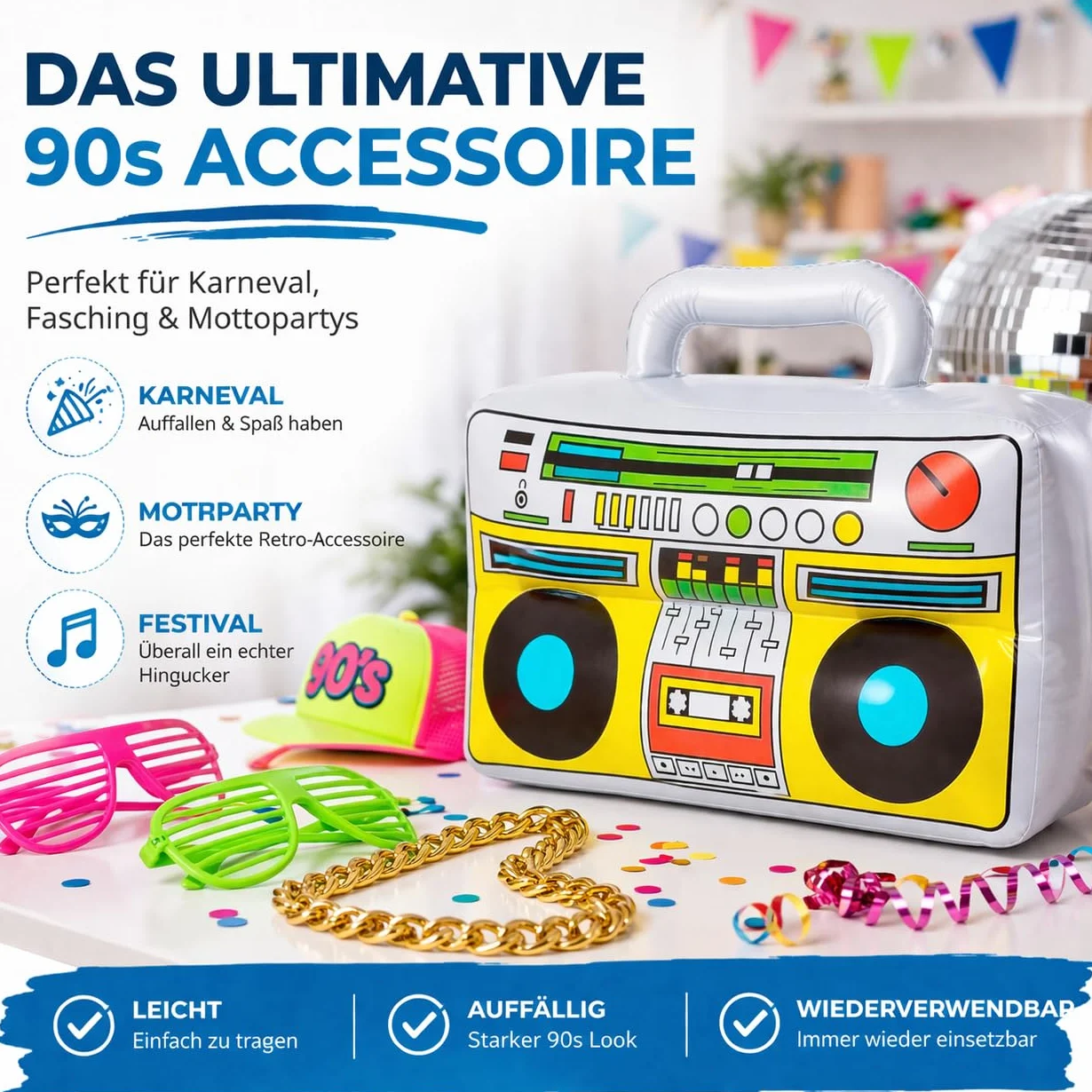 FASCHINFEVER Walkman nadmuchiwany, gett w stylu retro lat 80/90. - dodatek karnawałowy, miks, 1X