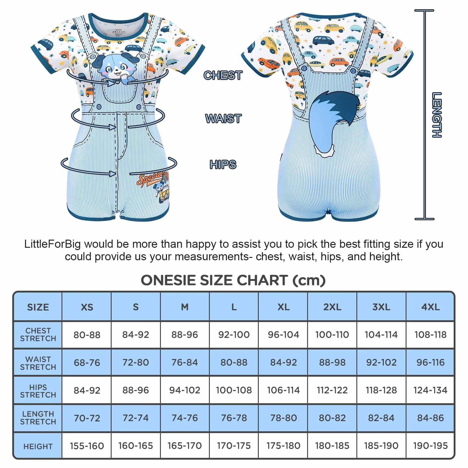 LittleForBig Jedwabiste śpioszki Onesie Piżama Bodysuit Little Blue Furrytail Racecar