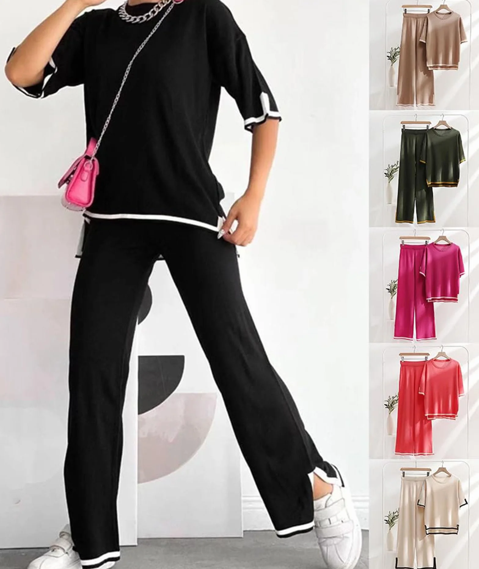 Womens Knit 2 Piece Sweater Sets Lounge Sets Silk Feel Oversized Casual Short Sleeve Knit Pullover Tops Wide Leg Pants Tracksuit Homewear Elegant Trousers Sets,006,M