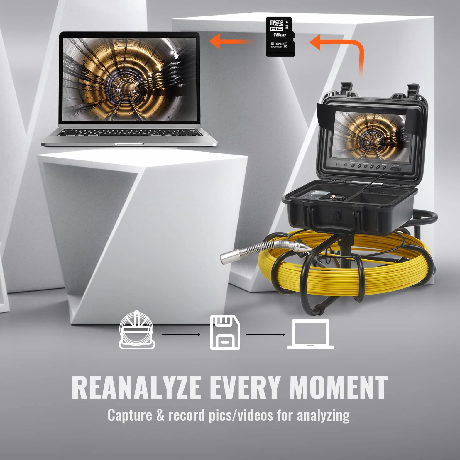 VEVOR Inspection Camera Rura 50 m Endoskopowa Kamera odpływowa 9'' z wodoodpornym rejestratorem DVR IP68 12 diod LED regulowana, karta SD 16 GB do rury kanalizacyjnej domu hydrauliki spustowej