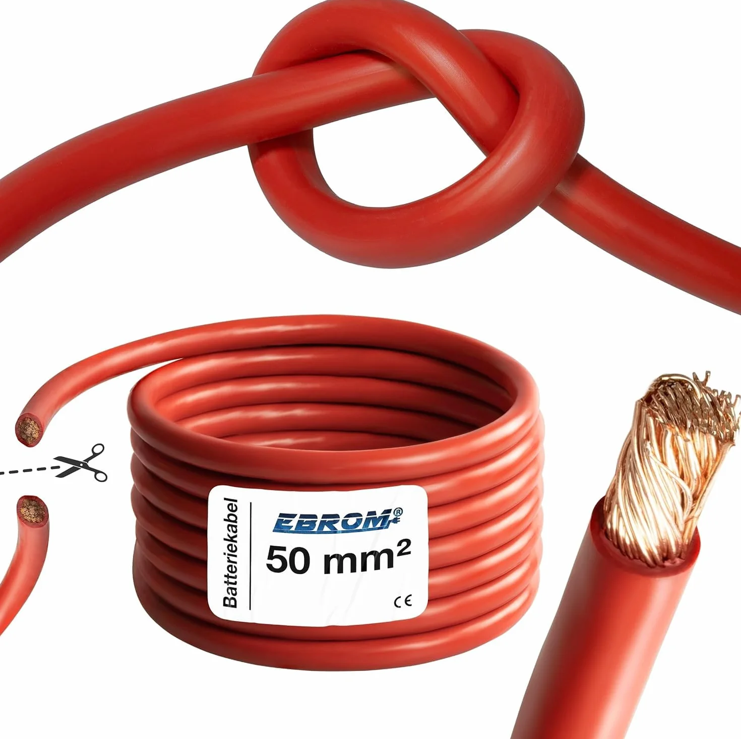 EBROM Kabel do akumulatora, bardzo elastyczny (Hi Flex), sprzedawany na metry, bardzo giętki, płaszcz z PCW (70 ± 5 Shore), 99,9% miedzi OFC, kabel rozruchowy, do ładowania itp., czerwony, 50 mm²