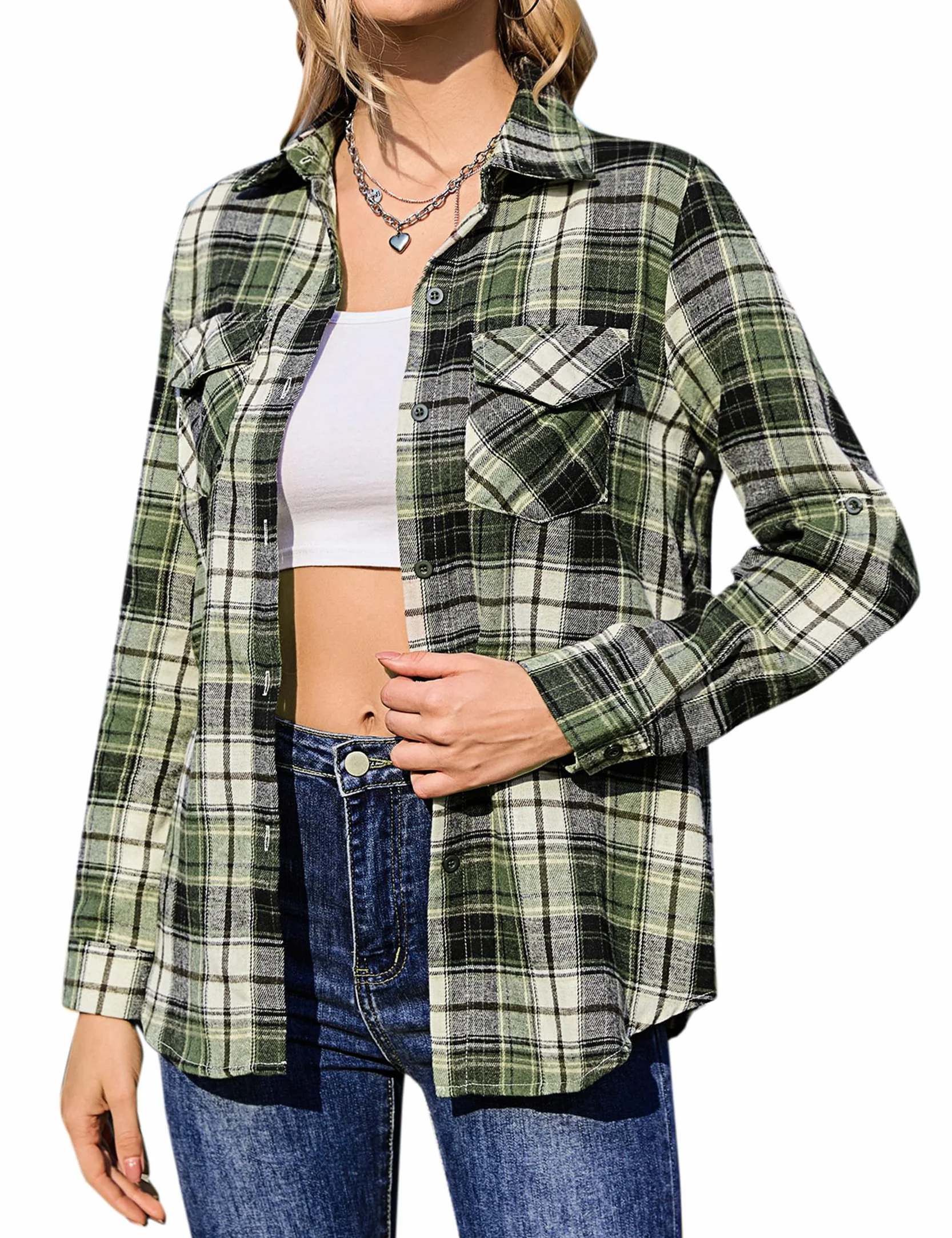 Aottori Damska bawełniana koszula w kratkę, z długim rękawem, zapinana na guziki, dekolt w serek, bluzka w kratkę, tunika, top, koszulka, t-shirt, na czas wolny, na lato
