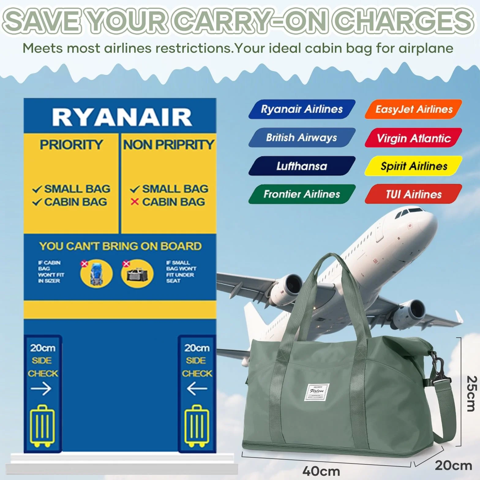 SEAFEW Torba podróżna 40x30x20 dla Ryanair, Rozszerzana Torba podróżna na weekend-bagaż ręczny, Torba sportowo-fitness, torba szpitalna dla mamy, dla kobiet i mężczyzn,A01-Zielony wojskowy
