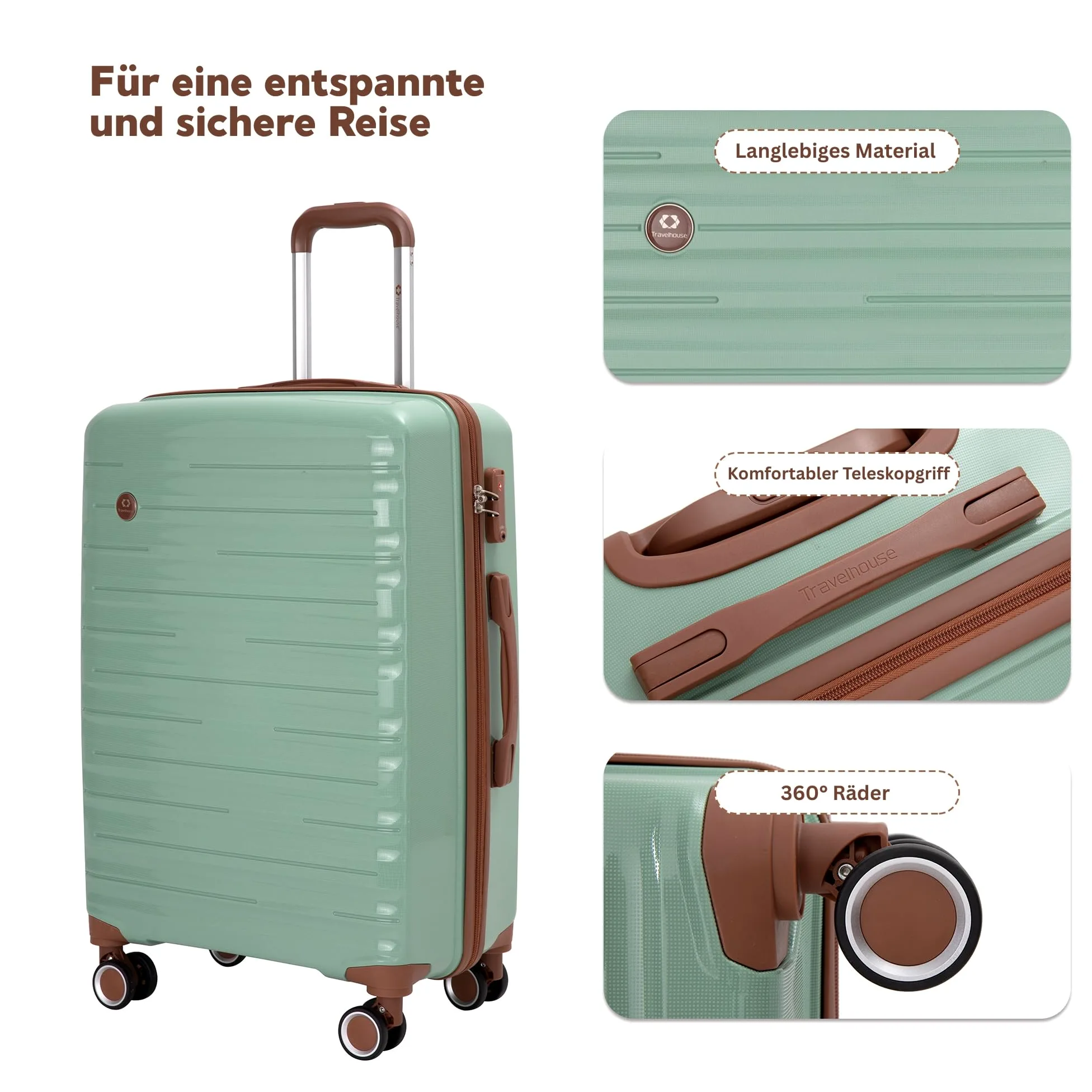 Travelhouse Ascona 5-częściowy zestaw bagażu, walizka na kółkach, poliwęglan + twarda obudowa ABS, torba podróżna i kosmetyczka, zestaw bagażu podręcznego, ciemnozielony, S, M, L, Zestaw walizek