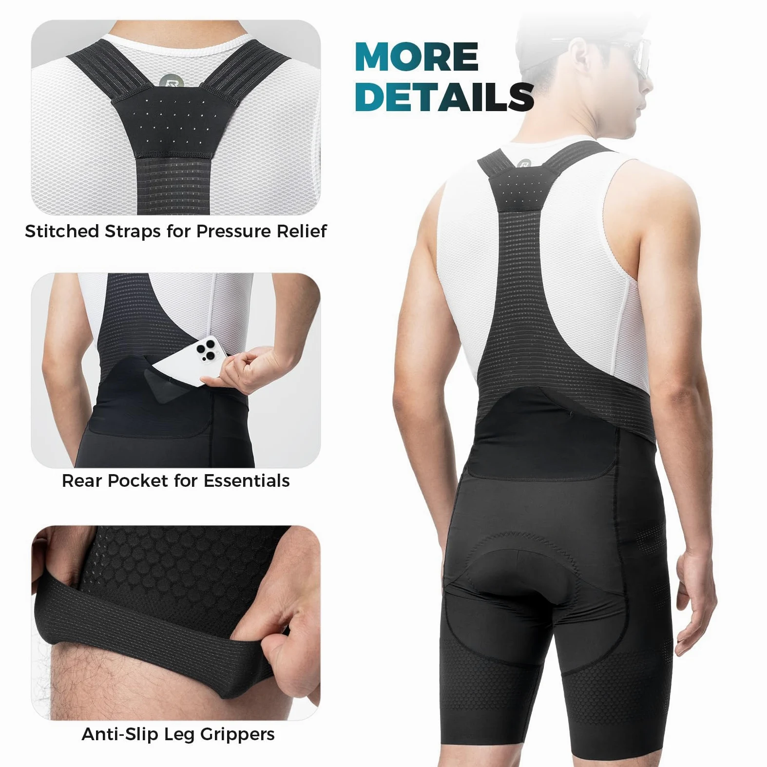 ROCKBROS Letnie męskie spodenki rowerowe z szelkami, oddychające i elastyczne wyściełane ergonomiczne antywibracyjne spodenki rowerowe do rowerów szosowych i MTB