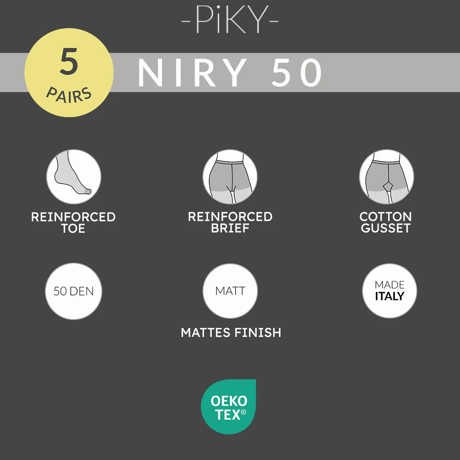 PIKY Zestaw 5 par rajstop dla kobiet, nieprzezroczyste rajstopy 50 DEN, grube rajstopy, wyprodukowane we Włoszech
