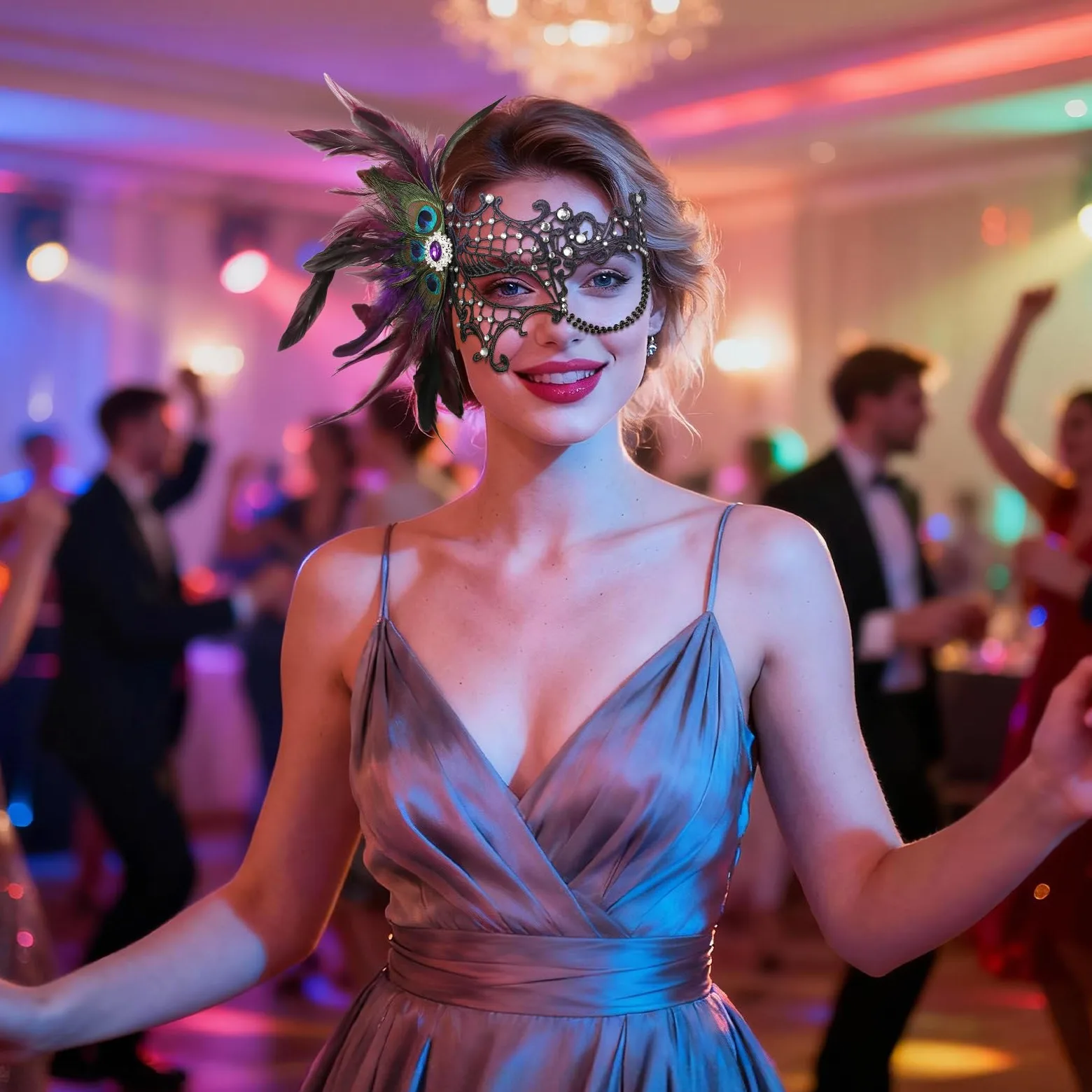 JewelryWe Wenecka monokel maska damska, elegancka maskarada, półmaska z pawimi piórami/strasem, gotycka maska monokelowa, maska jednooczna, kostium na imprezę, karnawał, Halloween, cosplay