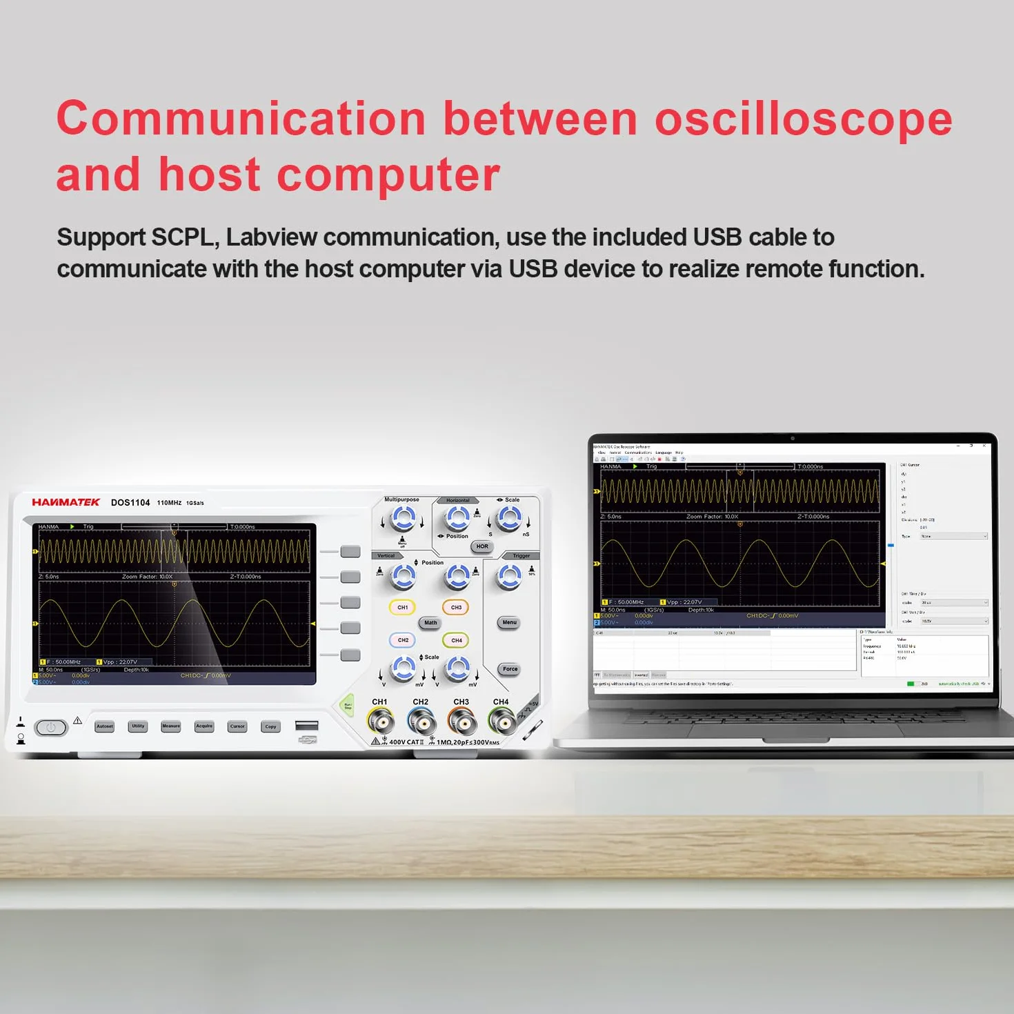 Oscyloskop cyfrowy 4-kanałowy z 7-calowym wyświetlaczem TFT-LCD 110 MHz przepustowość 1GS/s częstotliwość próbkowania HANMATEK DOS1104